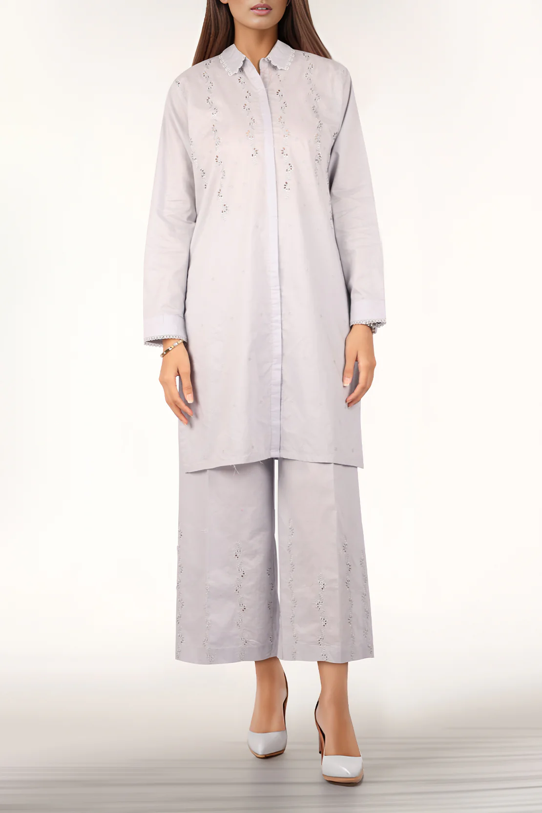 Solid Embroidered Cotton Stitched 2 Piece (Shirt/Trouser) - Image 3