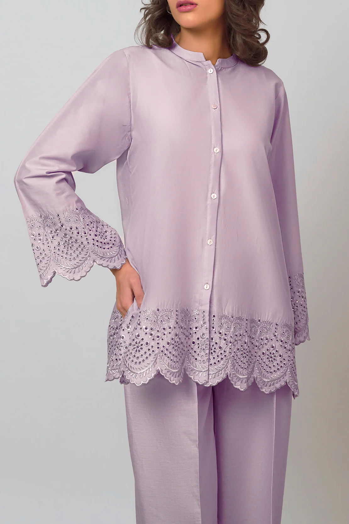 Solid Embroidered Cotton Stitched 2 Piece (Shirt/Trouser) - Image 2