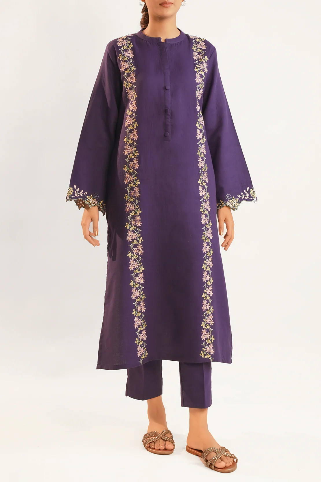 Solid Embroidered Cotton Stitched 2 Piece (Shirt/Trouser) - Image 2
