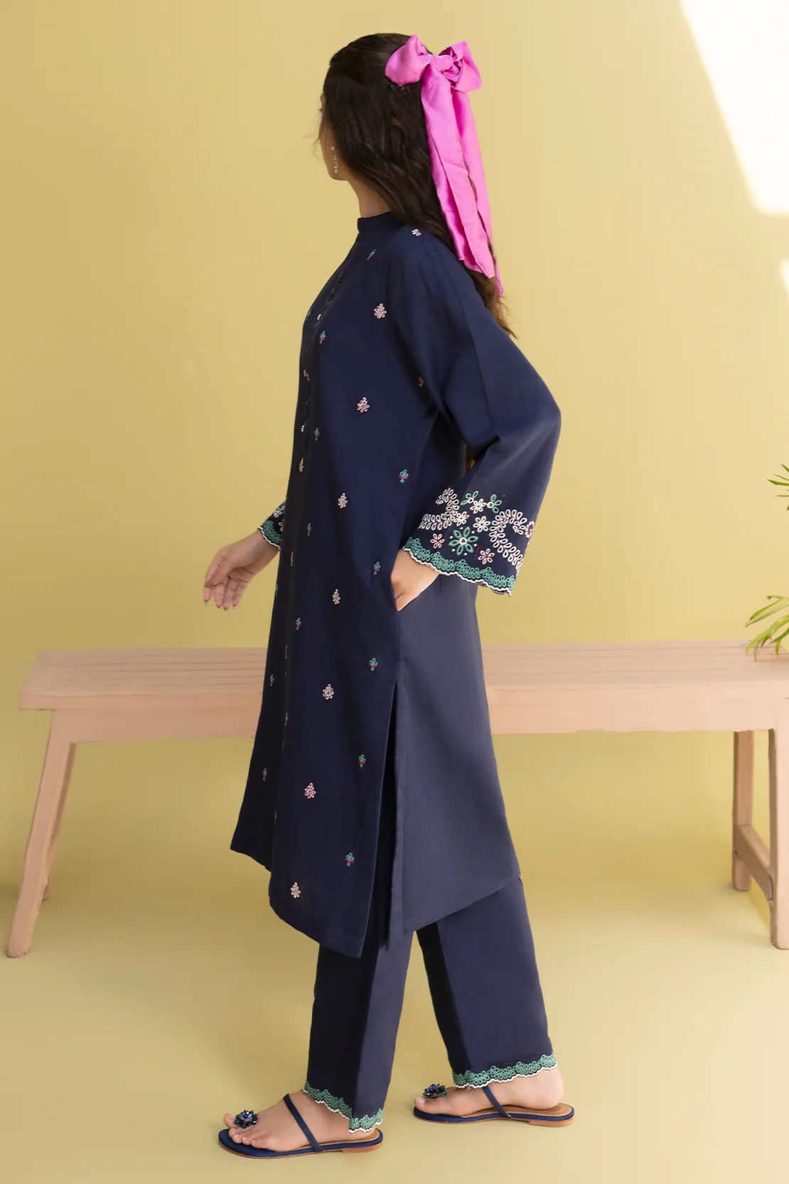 Solid Embroidered Cotton Stitched 2 Piece (Shirt/Trouser) - Image 3