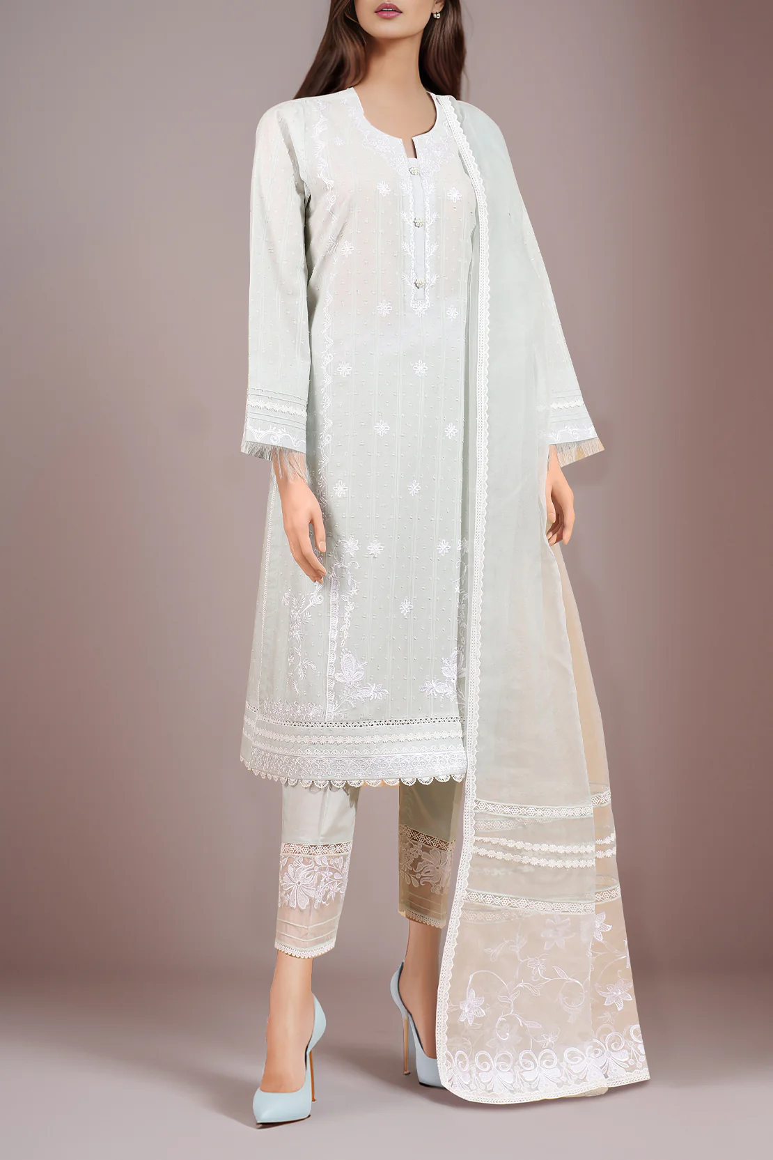 Solid Embroidered Cotton Jacquard Stitched 2 Piece (Shirt/Trouser) - Image 2