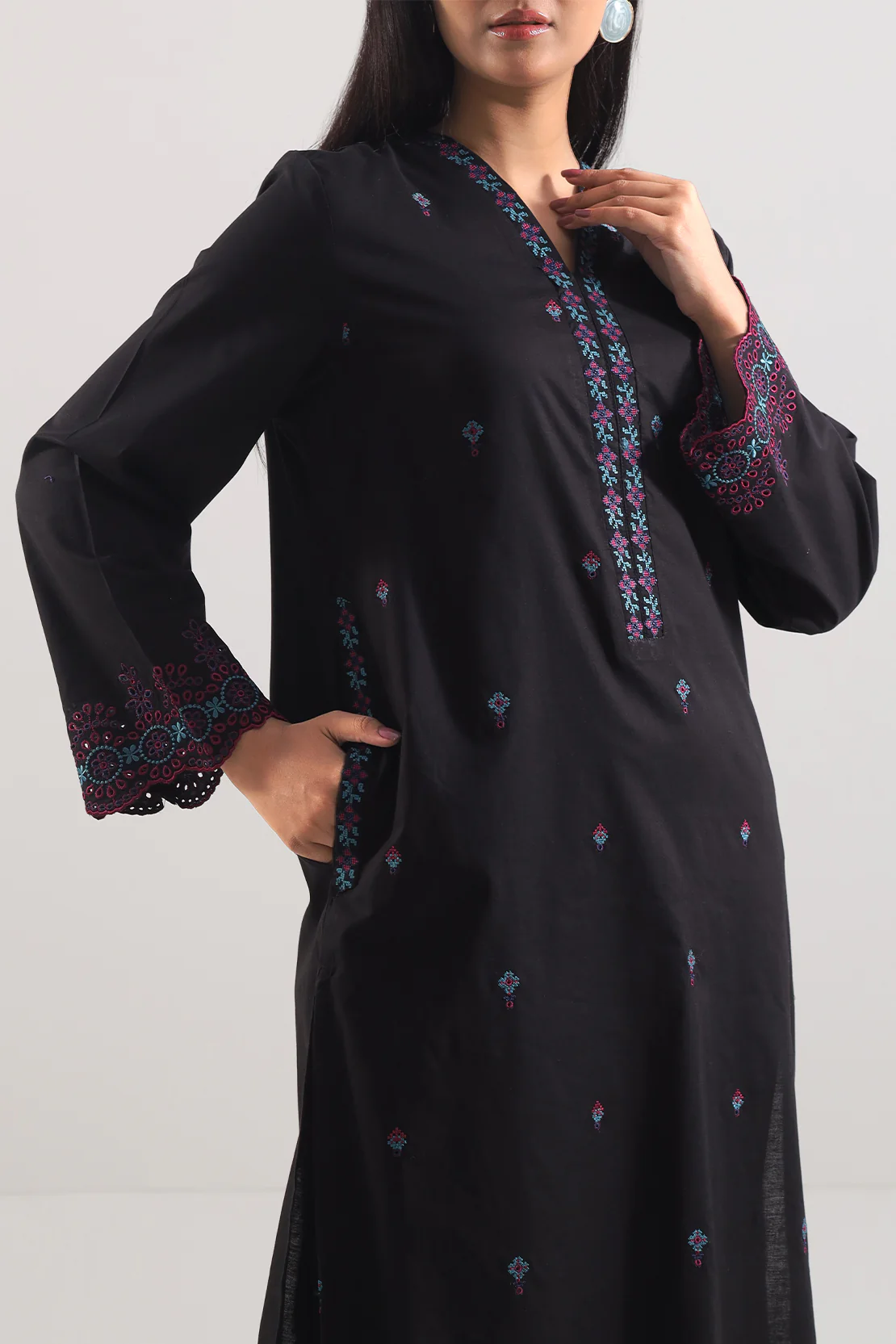 Solid Embroidered Cotton Stitched 2 Piece (Shirt/Trouser) - Image 3
