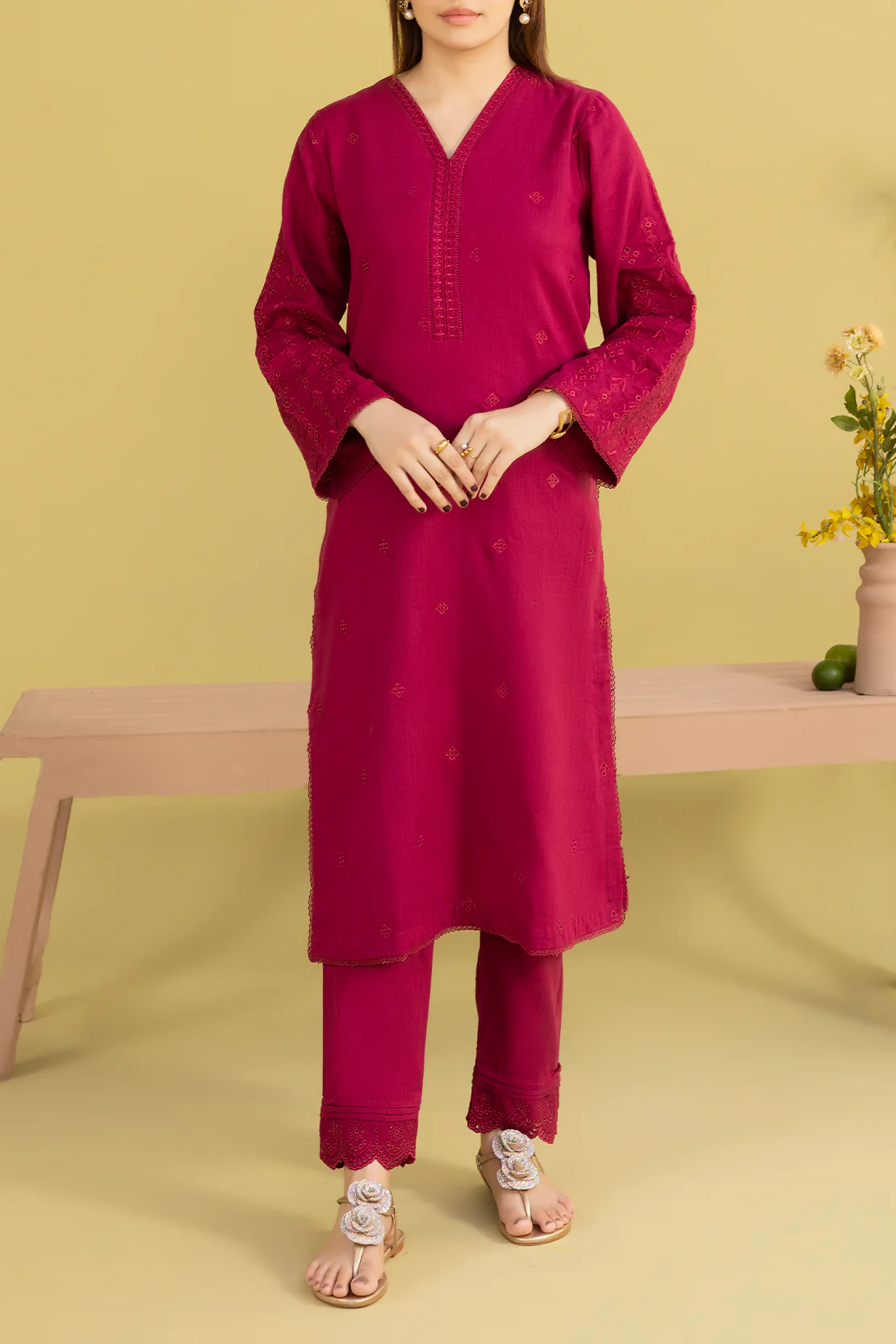 Solid Embroidered Cotton Stitched 2 Piece (Shirt/Trouser)