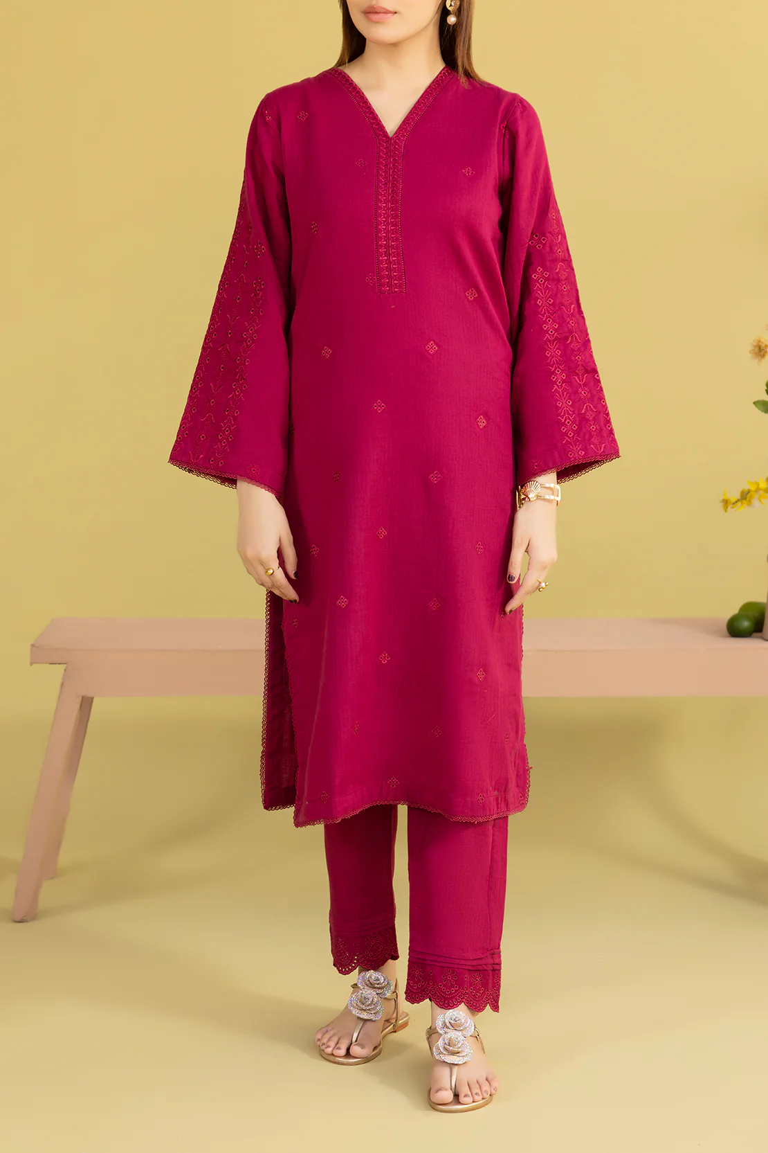 Solid Embroidered Cotton Stitched 2 Piece (Shirt/Trouser) - Image 3
