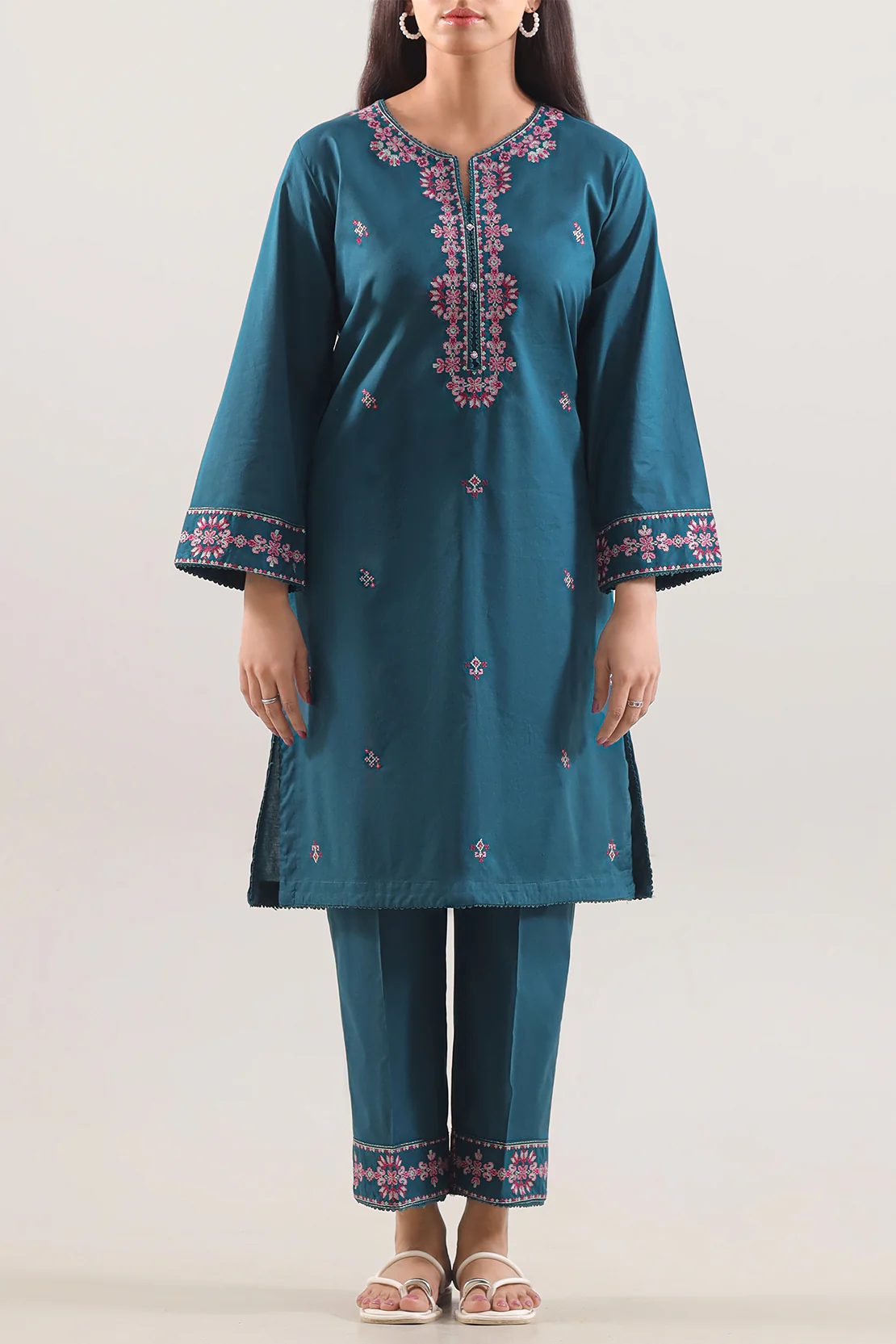 Solid Embroidered Cotton Stitched 2 Piece (Shirt/Trouser)