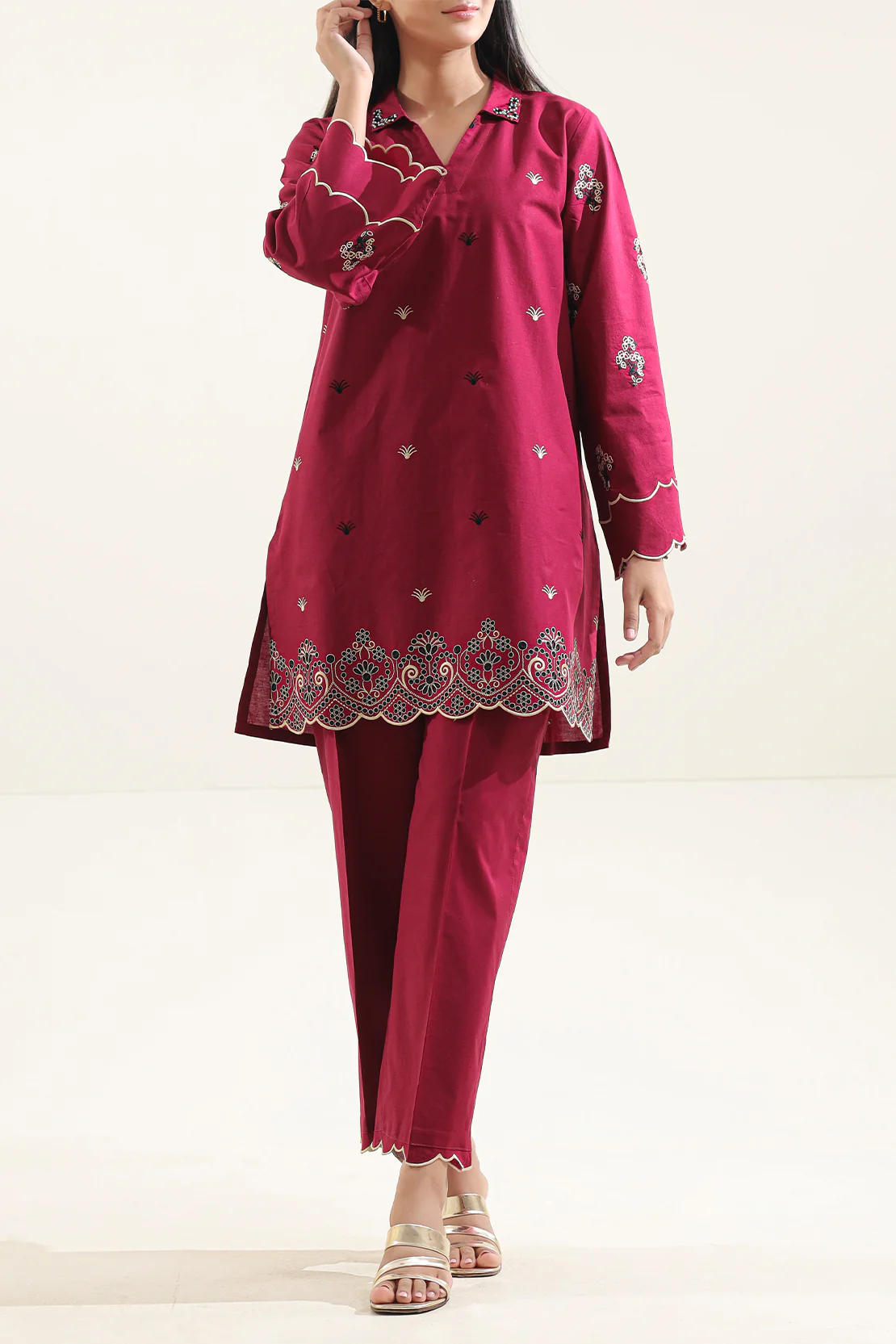 Solid Embroidered Cotton Stitched 2 Piece (Shirt/Trouser)