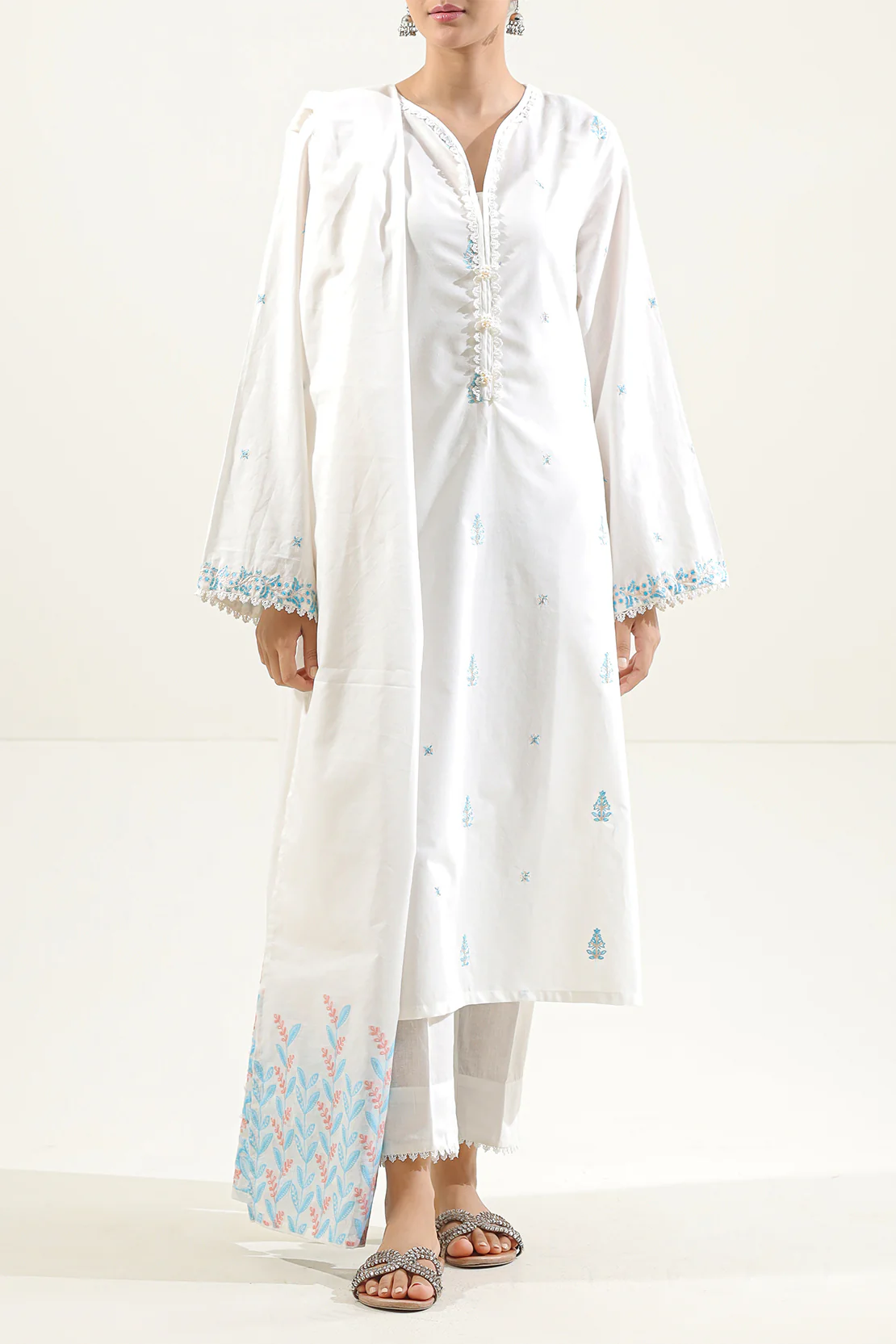 Solid Embroidered Cotton Stitched 3 Piece