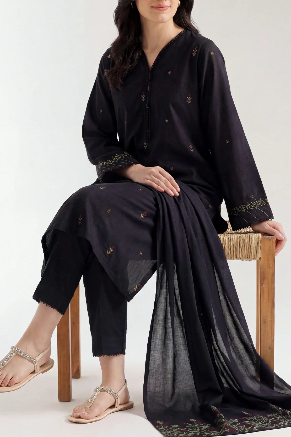 Solid Embroidered Cotton Stitched 3 Piece