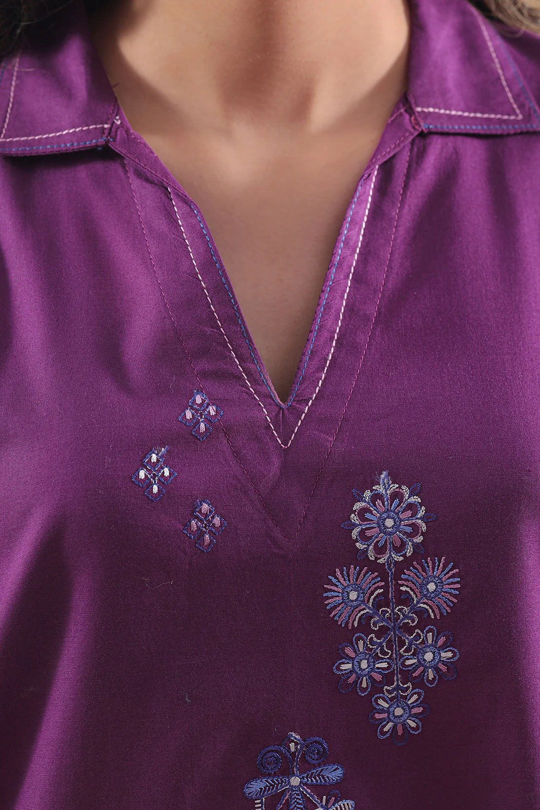 Solid Embroidered Cotton Stitched Shirt - Image 4