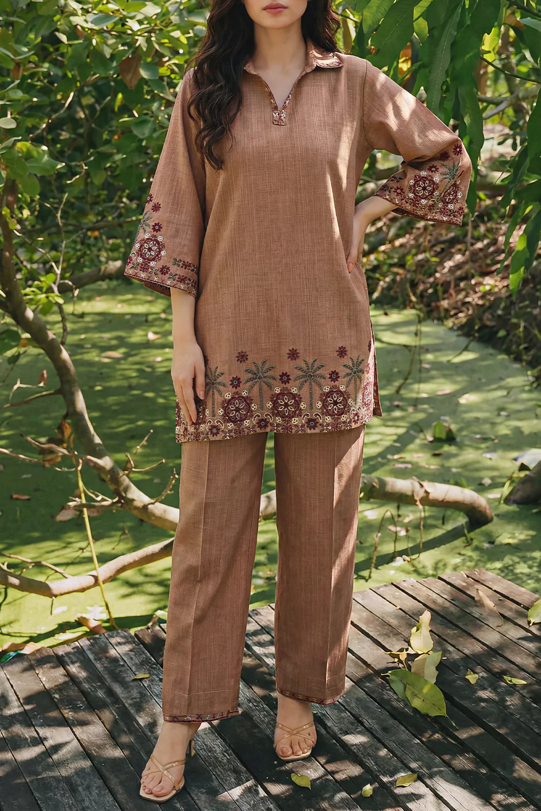 Solid Embroidered Cross Hatch Stitched 2 Piece (Shirt/Trouser) - Image 2
