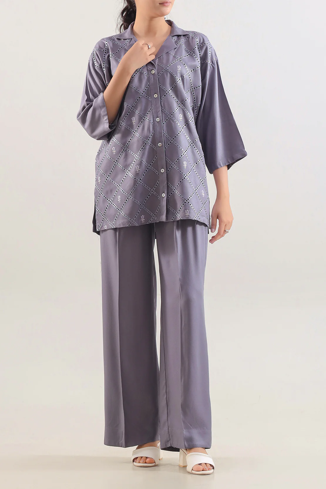 Solid Embroidered Dobby Crepe Stitched 2 Piece (Shirt/Trouser) - Image 3