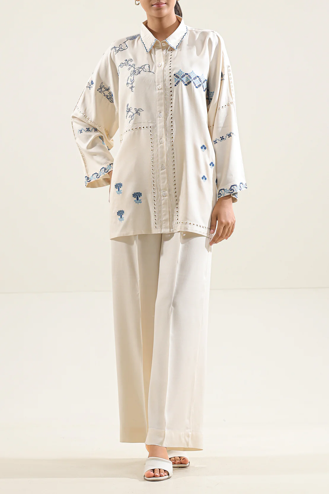 Solid Embroidered Dobby Crepe Stitched 2 Piece (Shirt/Trouser)