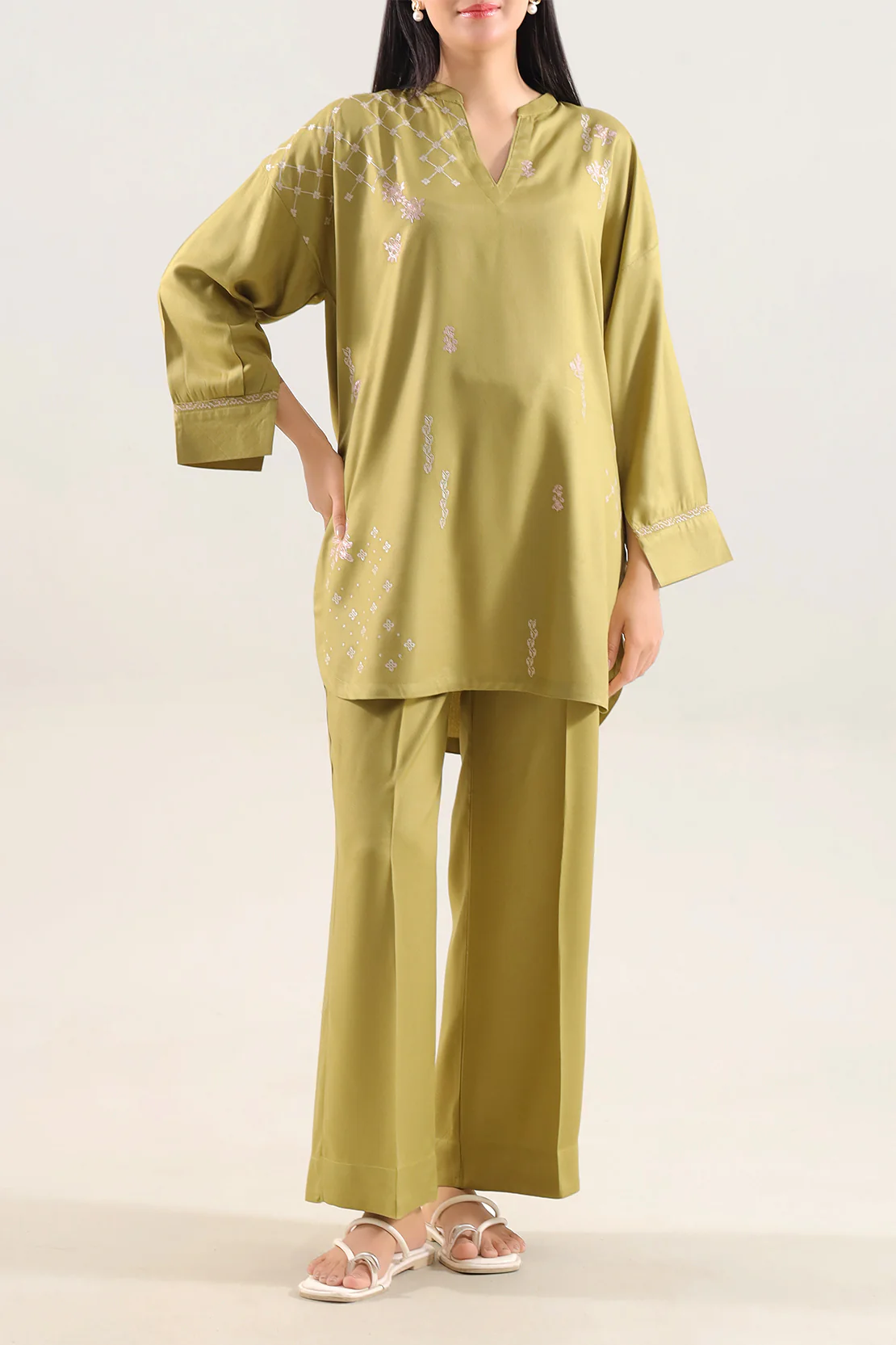 Solid Embroidered Dobby Crepe Stitched 2 Piece (Shirt/Trouser)