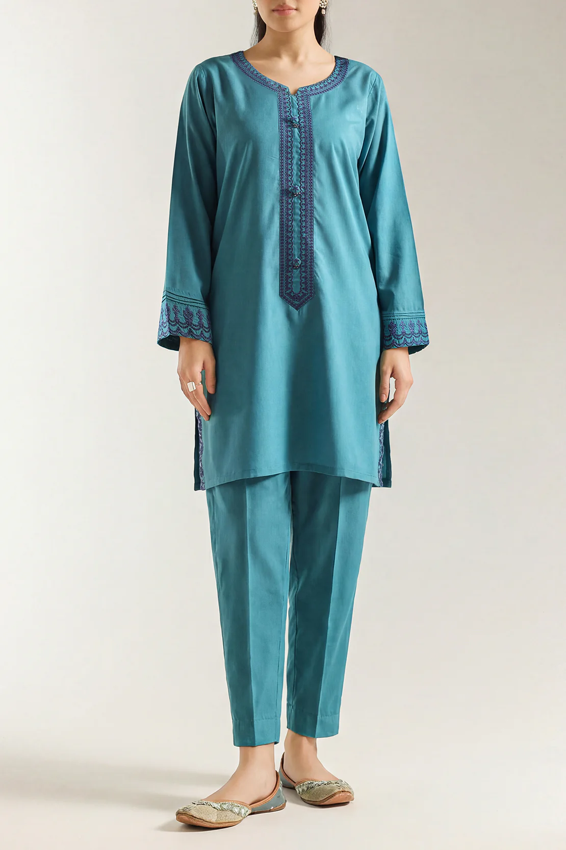 Solid Embroidered Easy Care Weave Stitched 2 Piece (Shirt/Trouser)