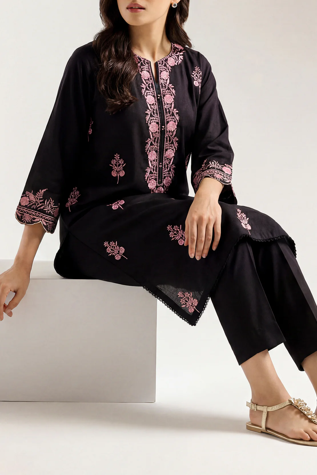 Solid Embroidered Pashmina Stitched Shirt/Trouser 2 Piece