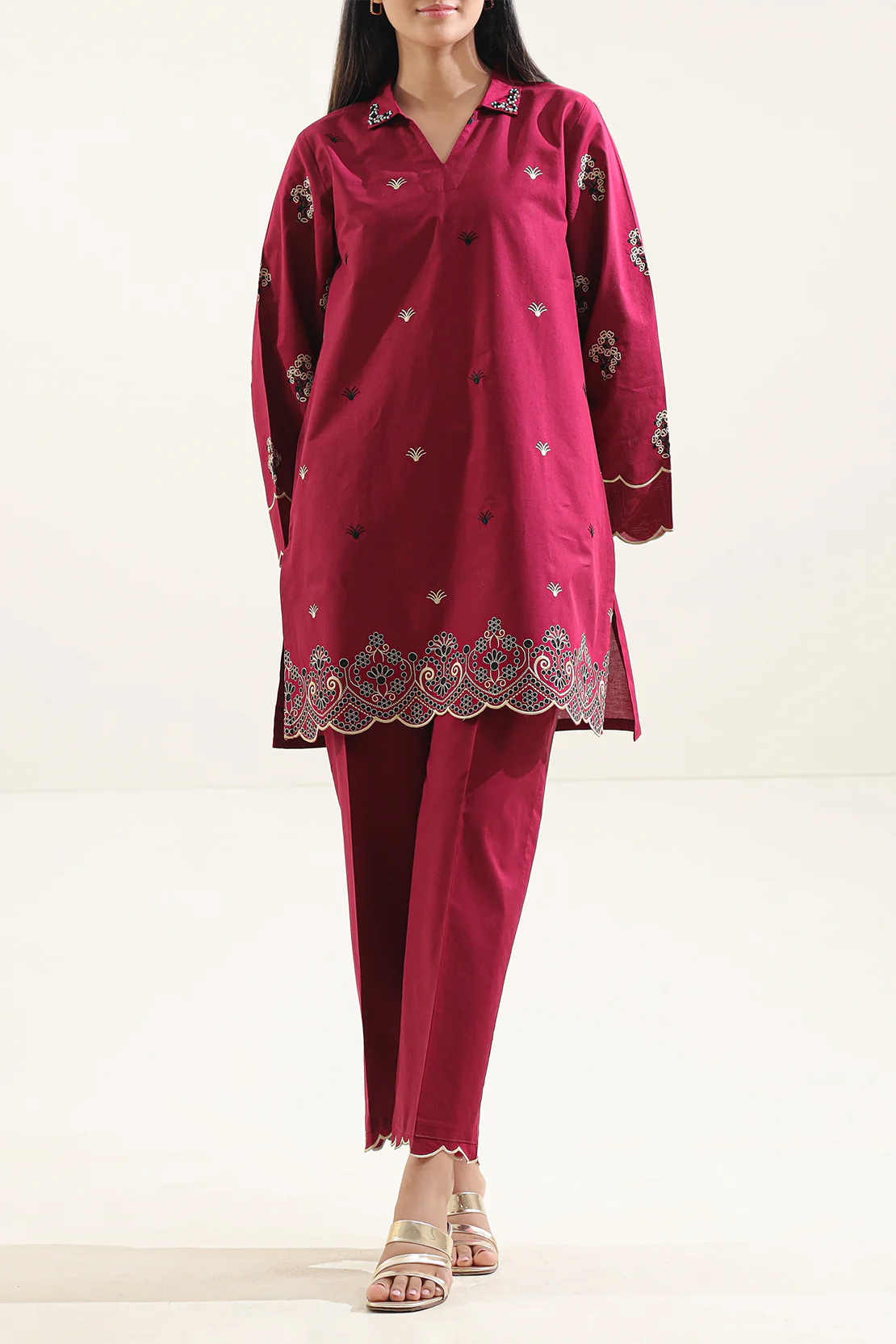 Solid Embroidered Jacquard Cotton Stitched Shirt - Image 2