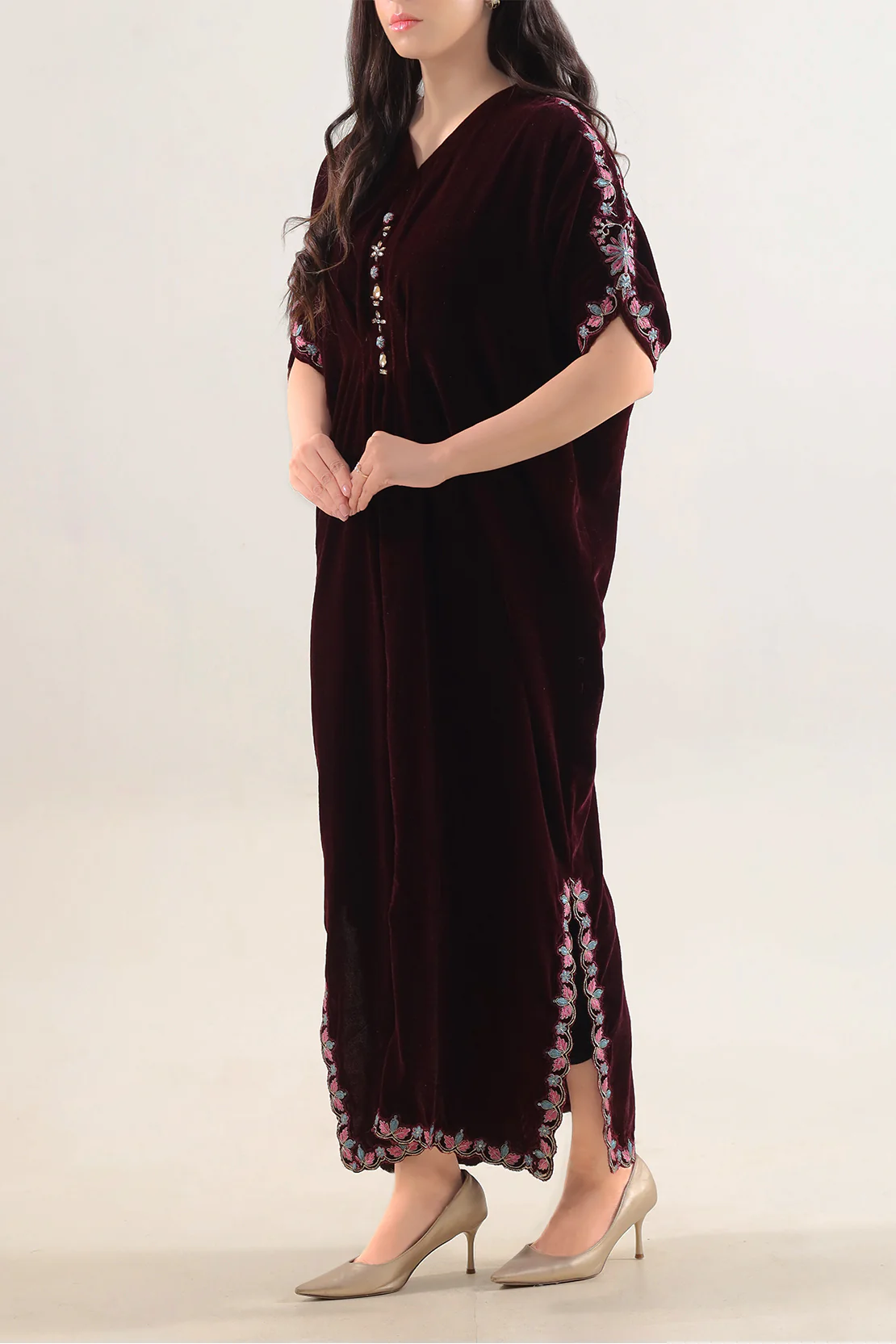 Solid Embroidered Kaftaan Velvet Stitched Shirt - Image 3