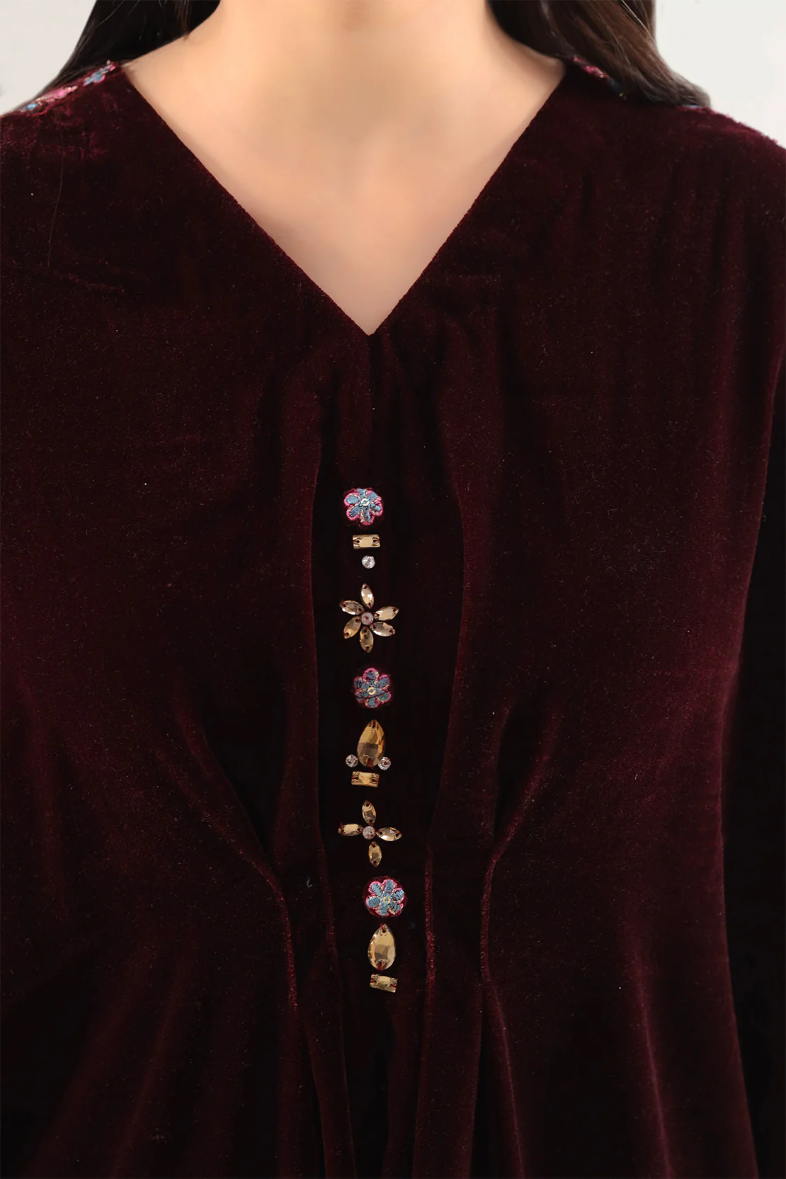 Solid Embroidered Kaftaan Velvet Stitched Shirt - Image 5