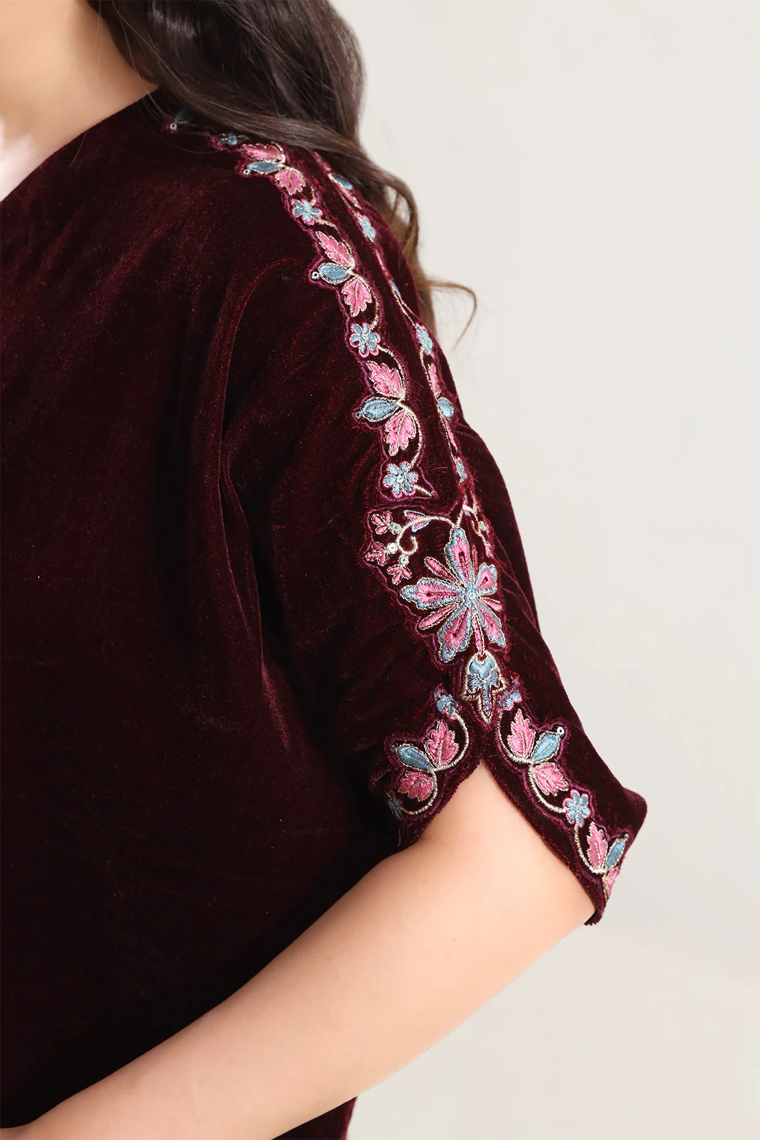 Solid Embroidered Kaftaan Velvet Stitched Shirt - Image 6
