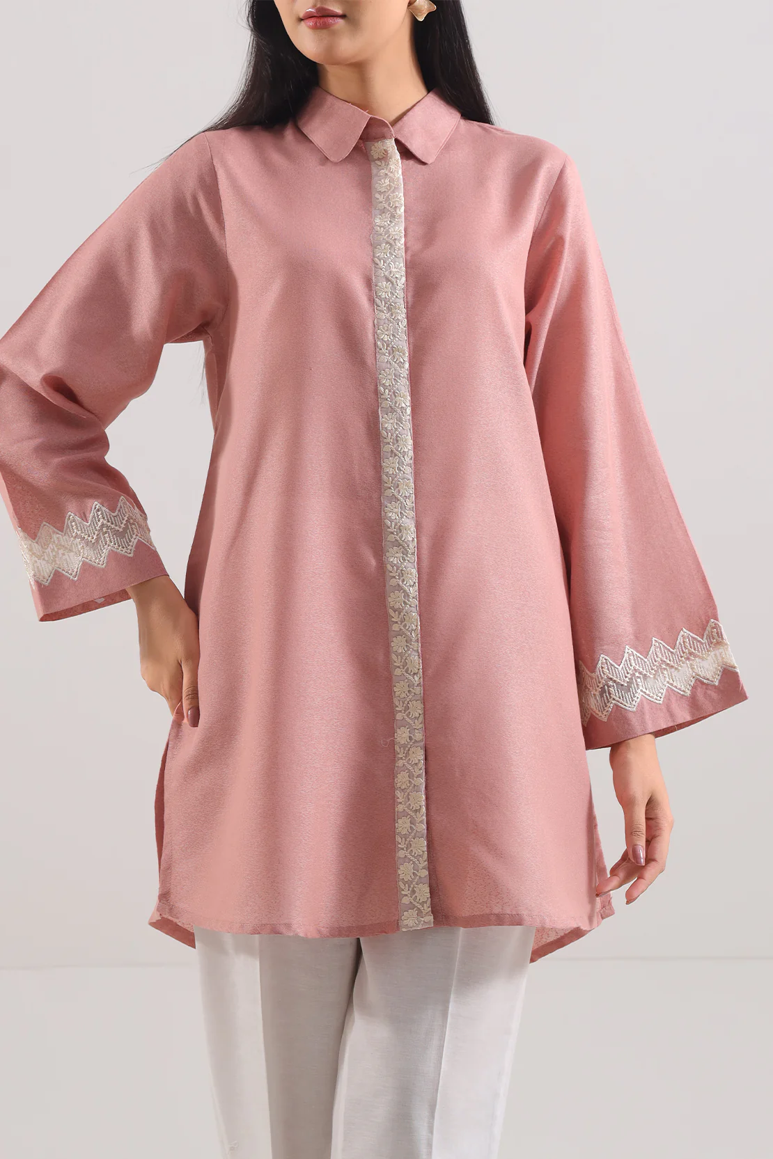 Solid Embroidered Karandi Stitched Shirt - Image 3