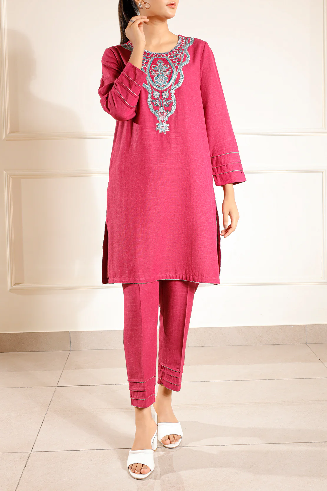 Solid Embroidered Khaddar Stitched 2 Piece (Shirt/Trouser) - Image 3