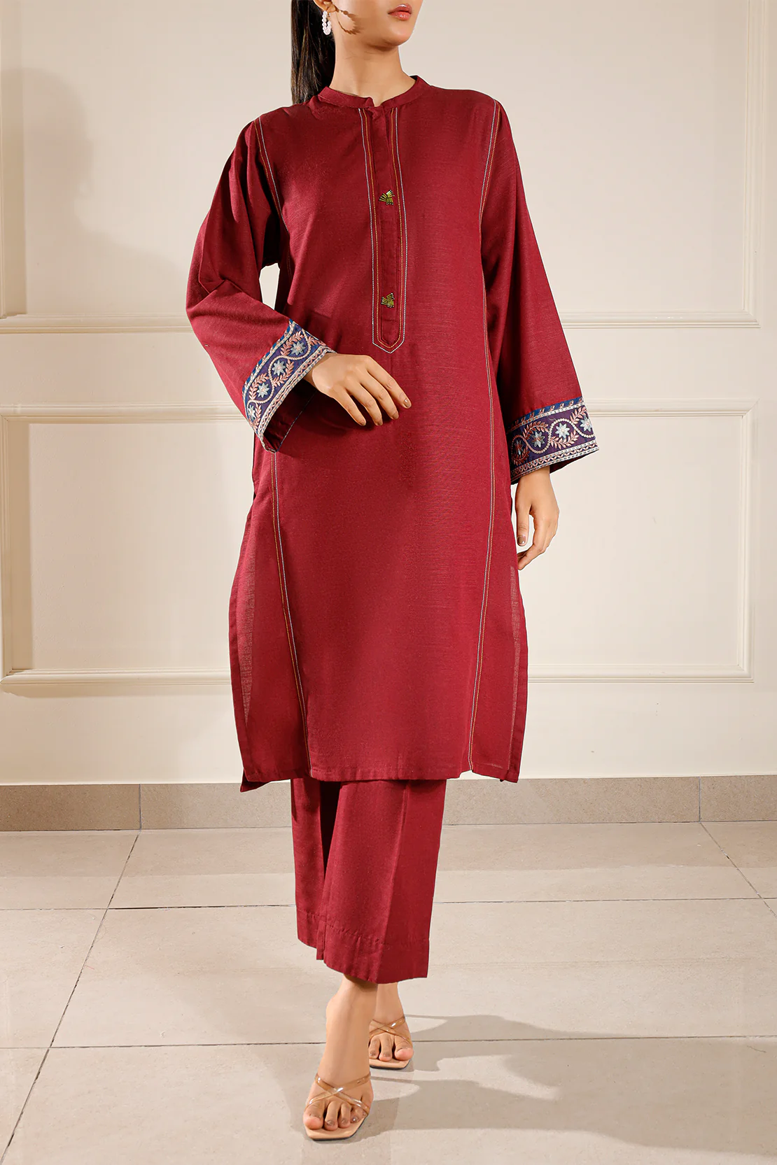 Solid Embroidered Khaddar Stitched 2 Piece (Shirt/Trouser)