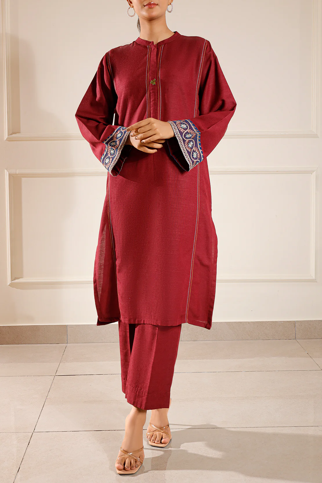 Solid Embroidered Khaddar Stitched 2 Piece (Shirt/Trouser) - Image 3