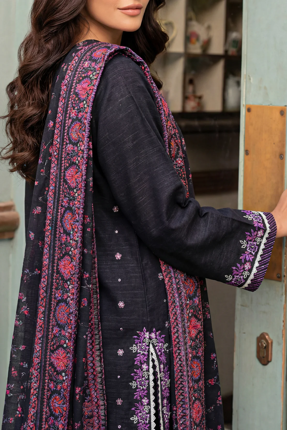 Solid Embroidered Khaddar Stitched 3 Piece - Image 3