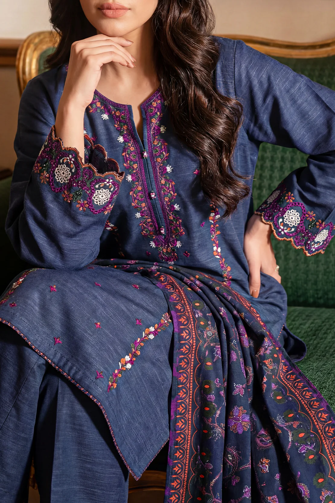 Solid Embroidered Khaddar Stitched 3 Piece - Image 3
