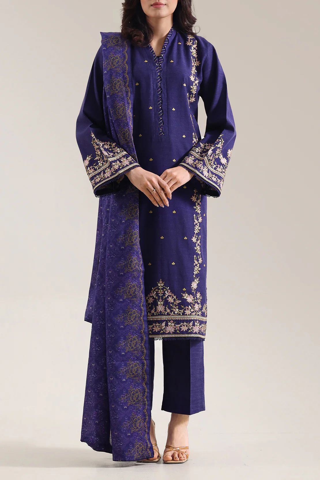 Solid Embroidered Khaddar Stitched 3 Piece - Image 3