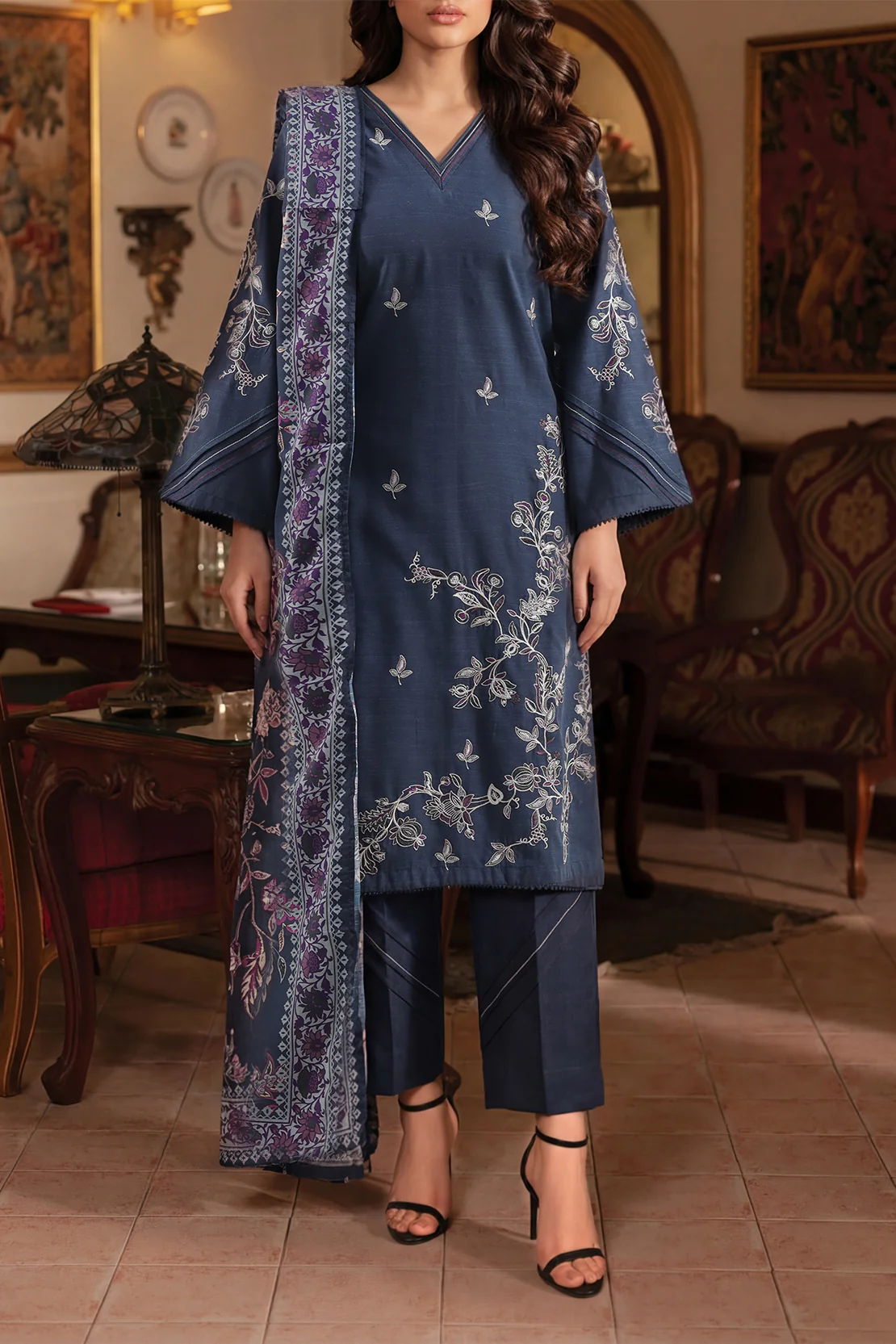 Solid Embroidered Khaddar Stitched 3 Piece
