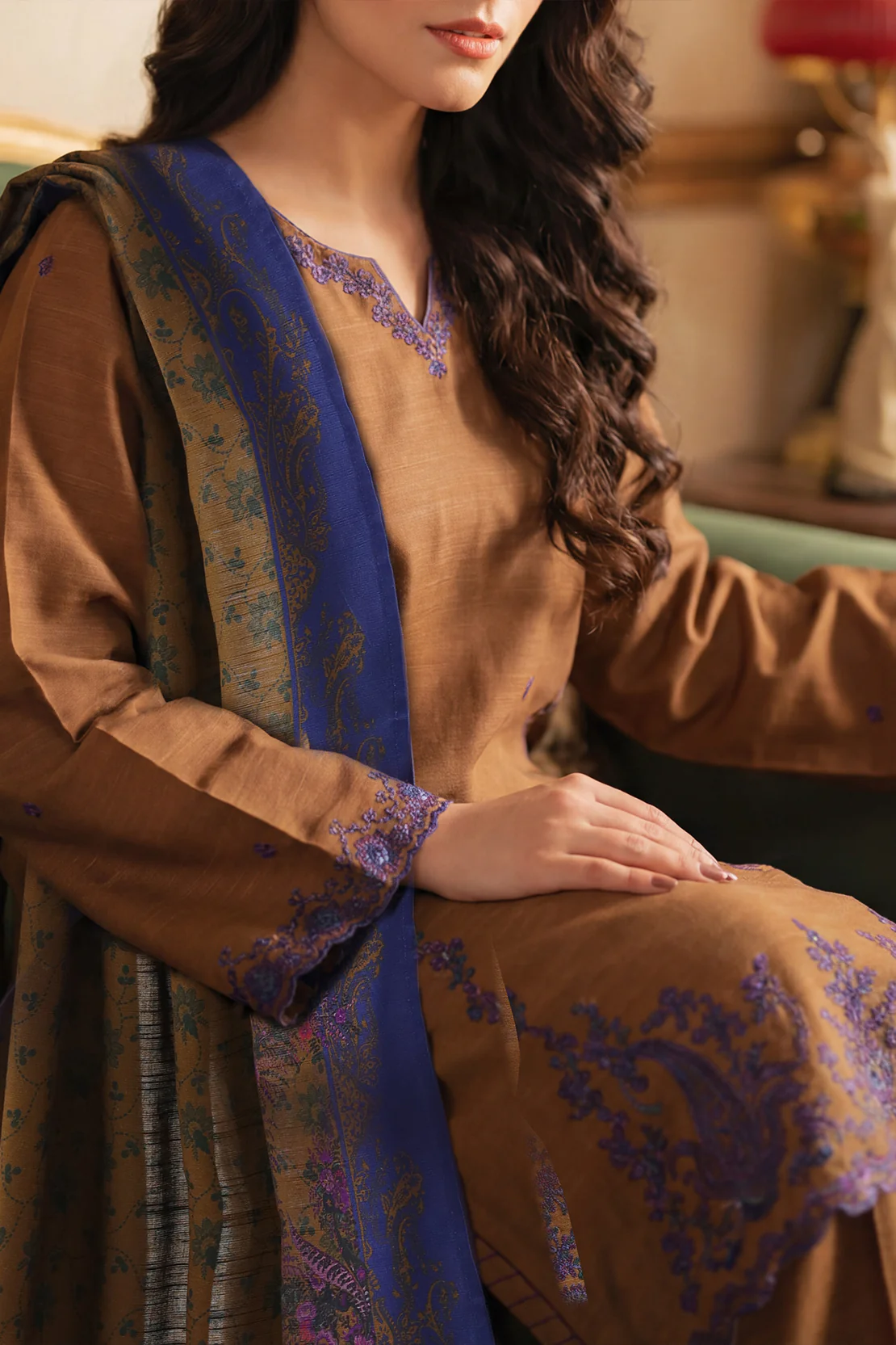 Solid Embroidered Khaddar Stitched 3 Piece - Image 5