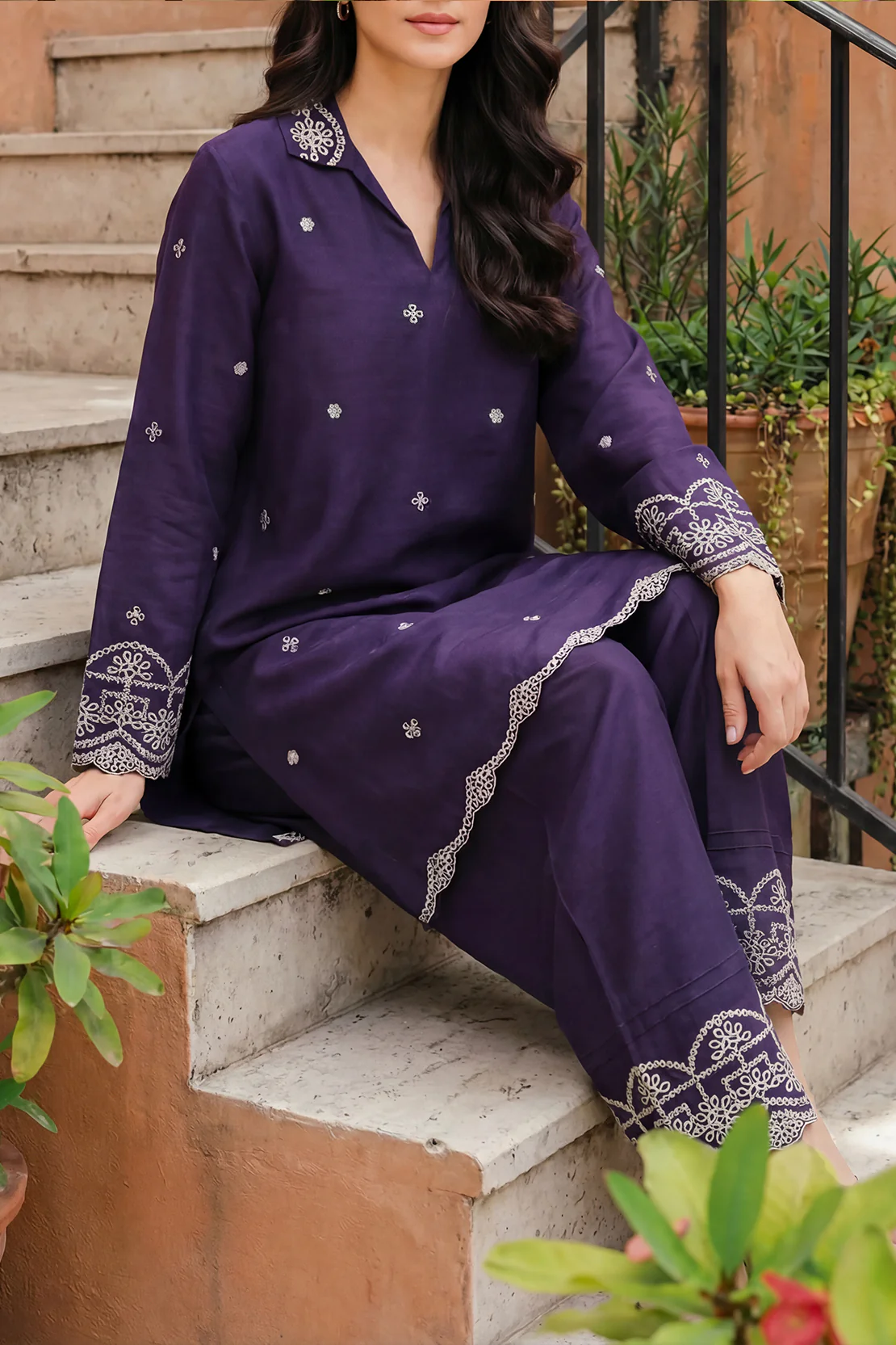 Solid Embroidered Korean Raw Silk Stitched 2 Piece (Shirt/Trouser) - Image 3
