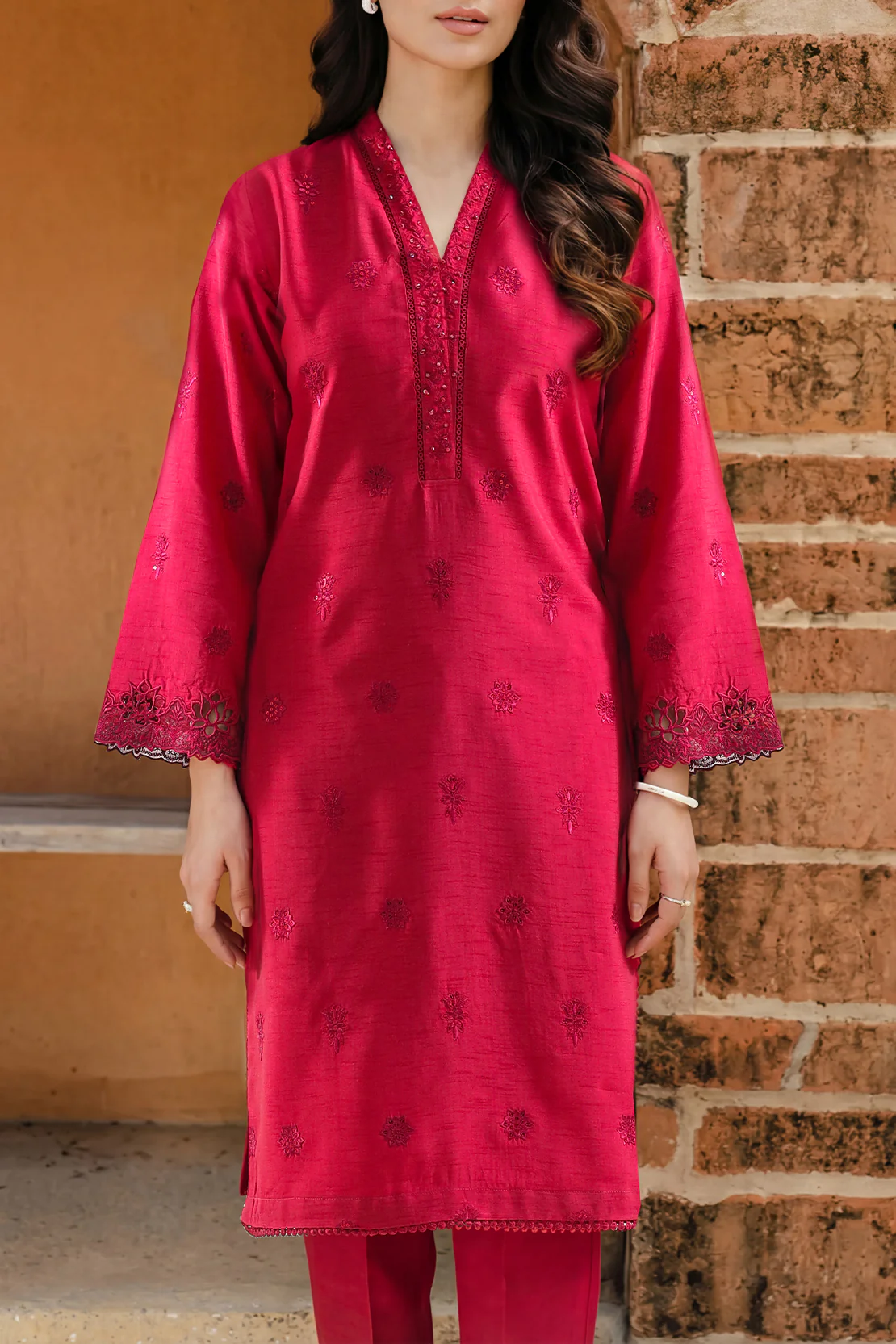 Solid Embroidered Korean Silk Stitched 2 Piece (Shirt/Trouser) - Image 2