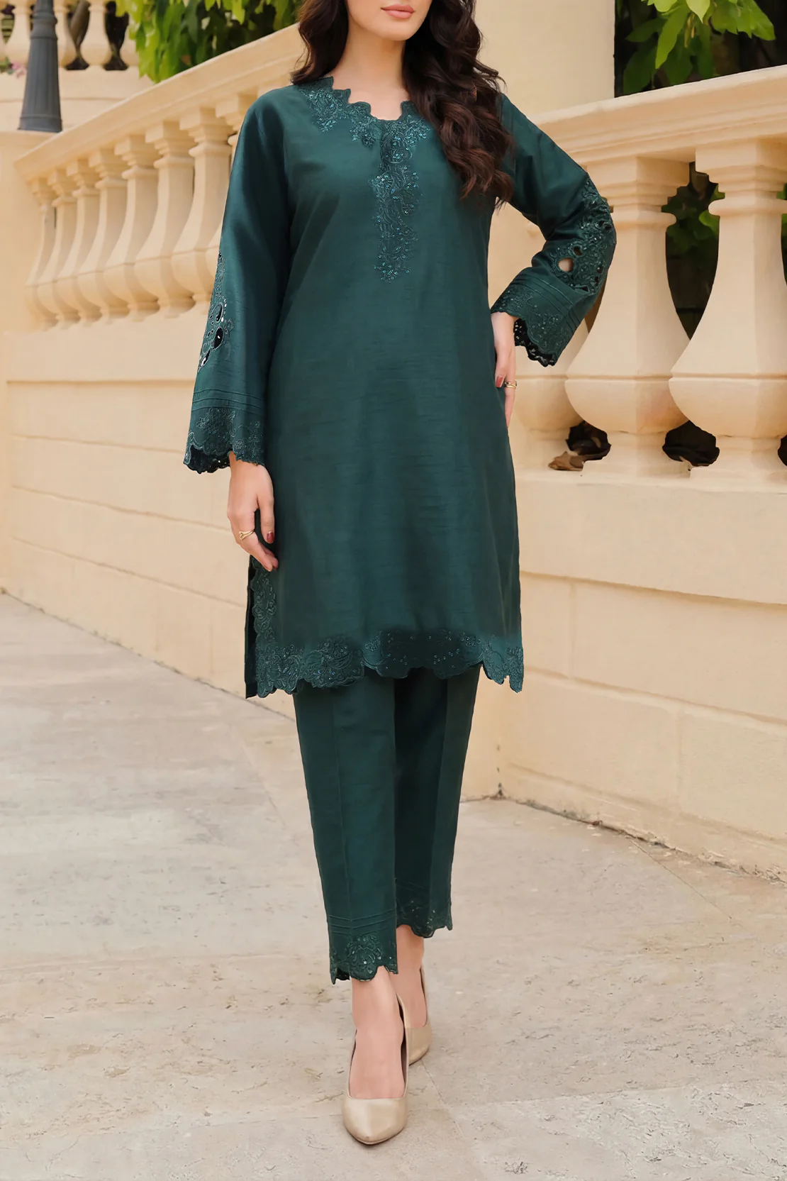Solid Embroidered Korean Silk Stitched 2 Piece (Shirt/Trouser)
