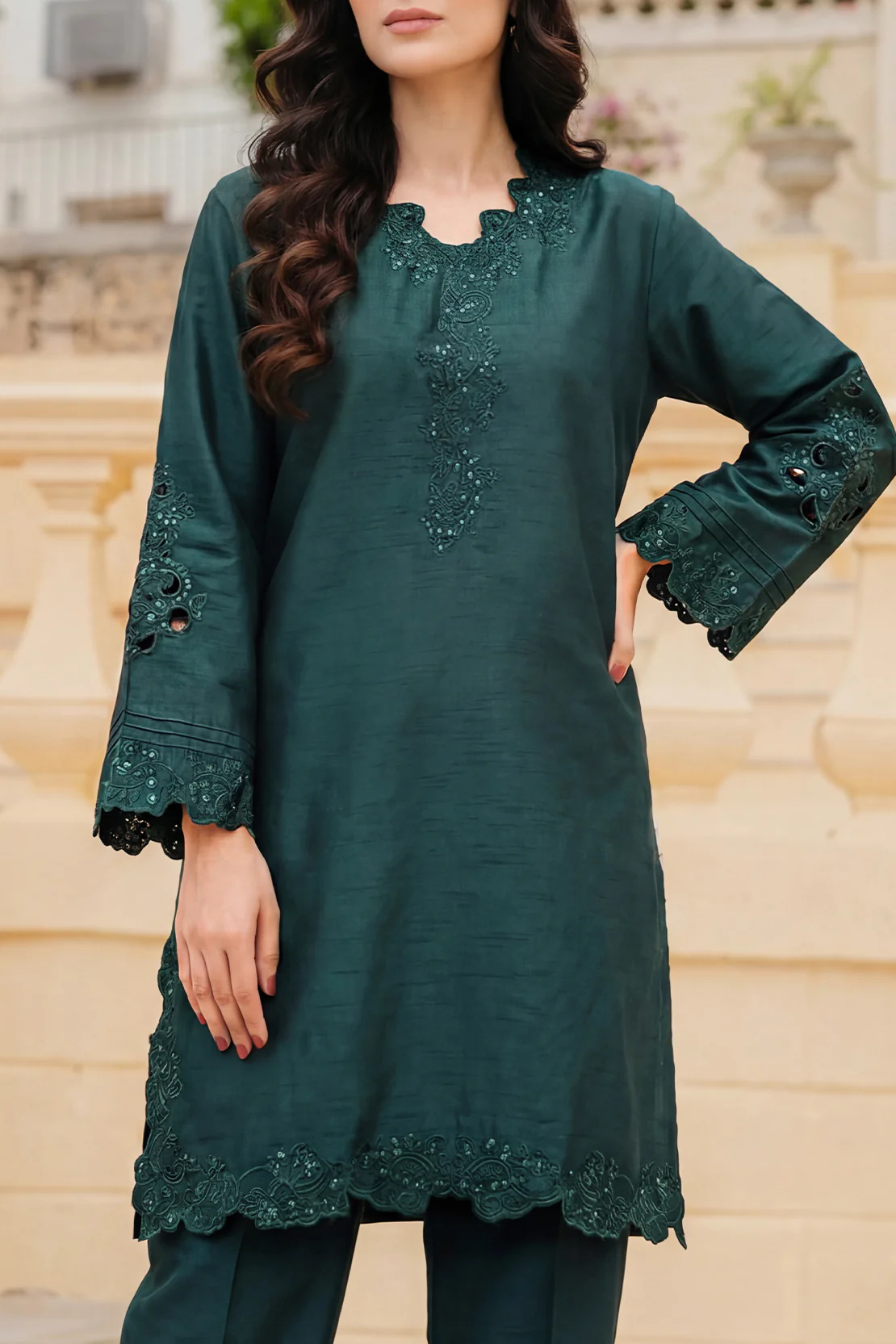 Solid Embroidered Korean Silk Stitched 2 Piece (Shirt/Trouser) - Image 2