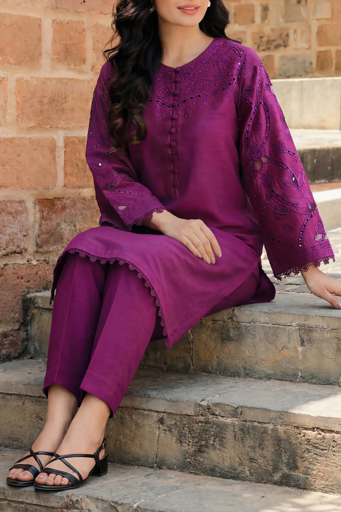 Solid Embroidered Korean Silk Stitched 2 Piece (Shirt/Trouser) - Image 3