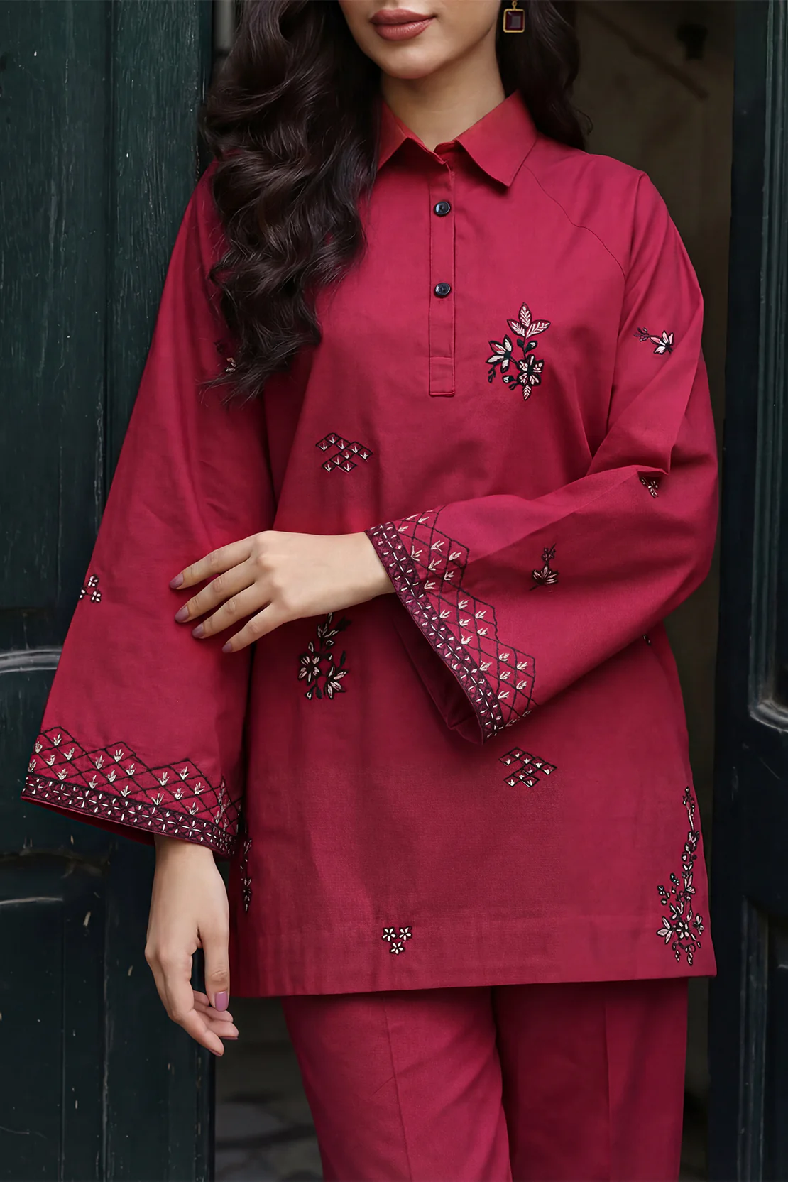 Solid Embroidered Poplin Stitched 2 piece (Shirt/Trouser) - Image 2