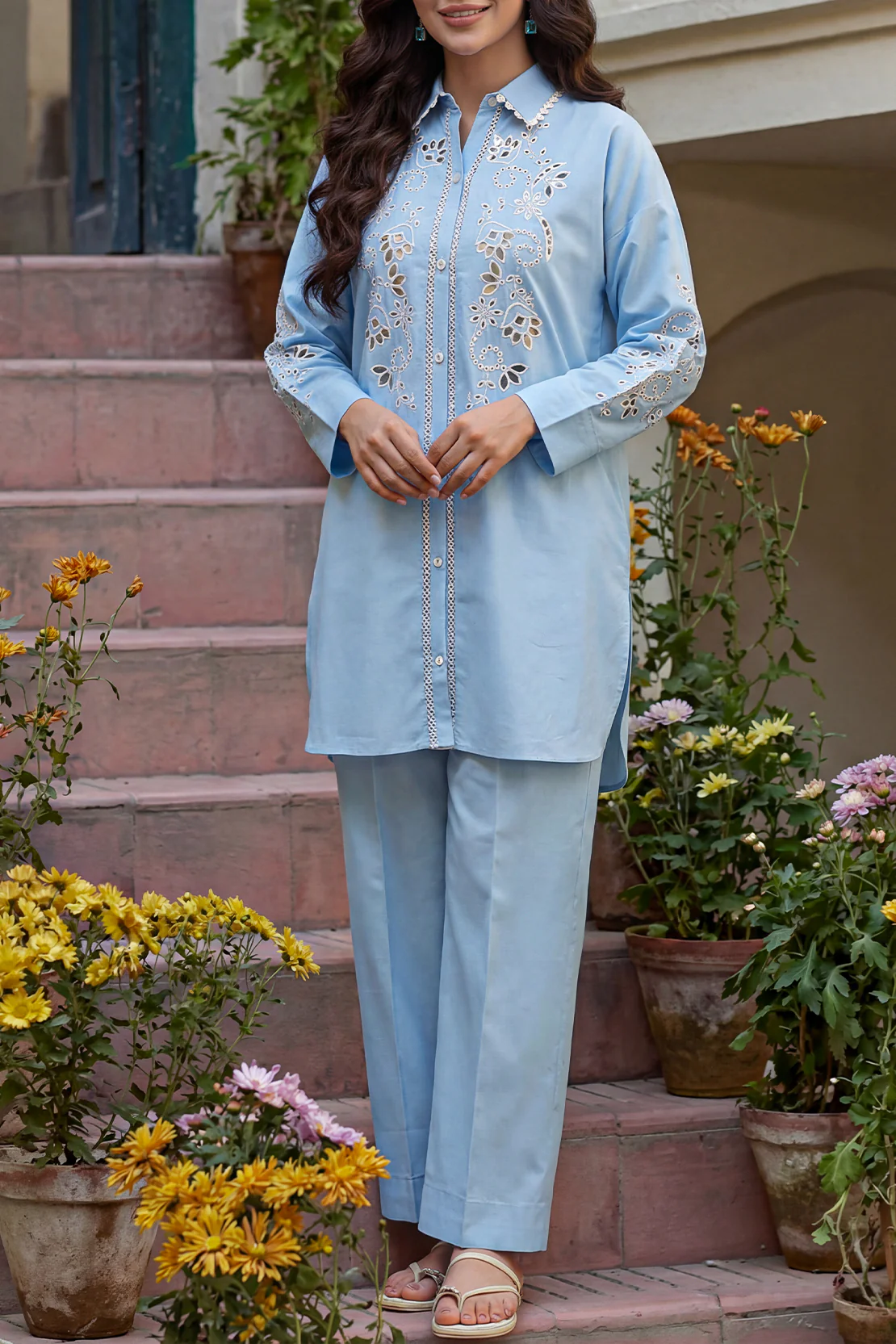 Solid Embroidered Poplin Stitched 2 piece (Shirt/Trouser)