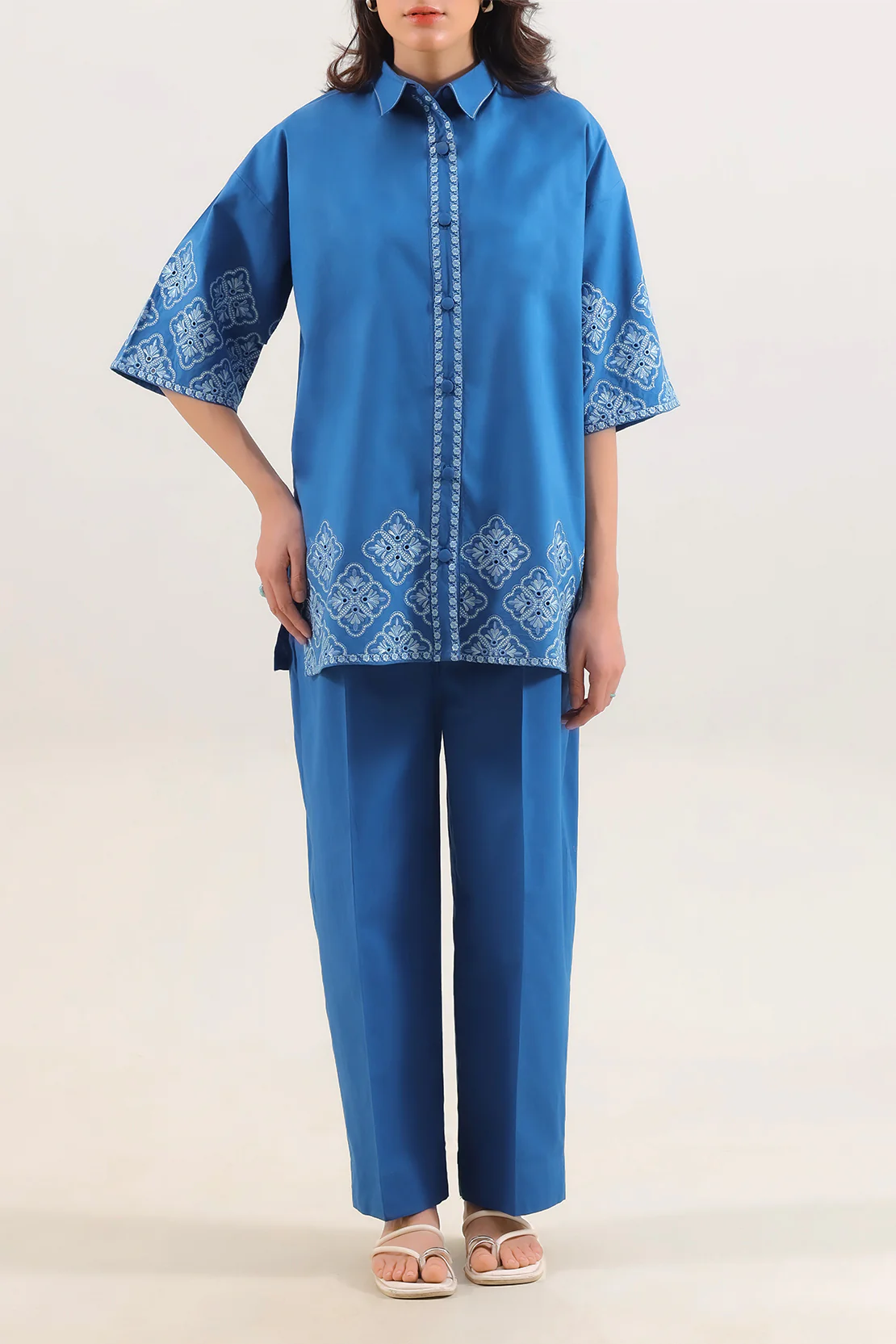 Solid Embroidered Poplin Stitched 2 piece (Shirt/Trouser)