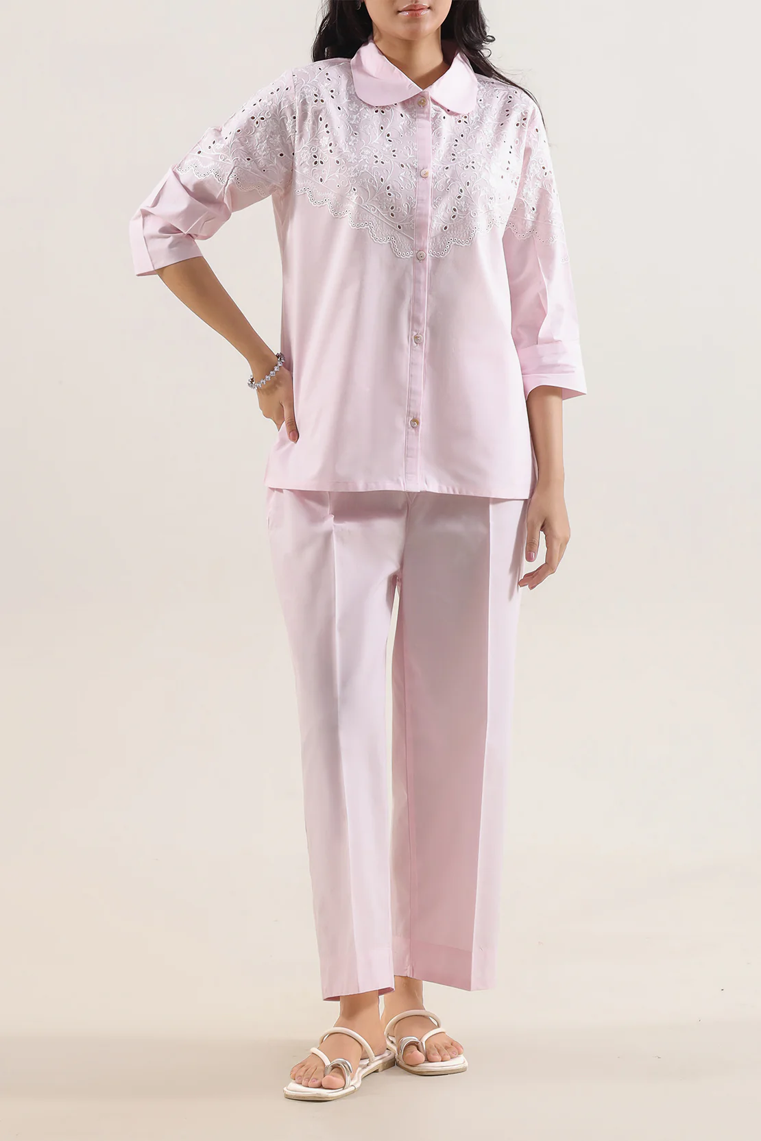 Solid Embroidered Poplin Stitched 2 piece (Shirt/Trouser)
