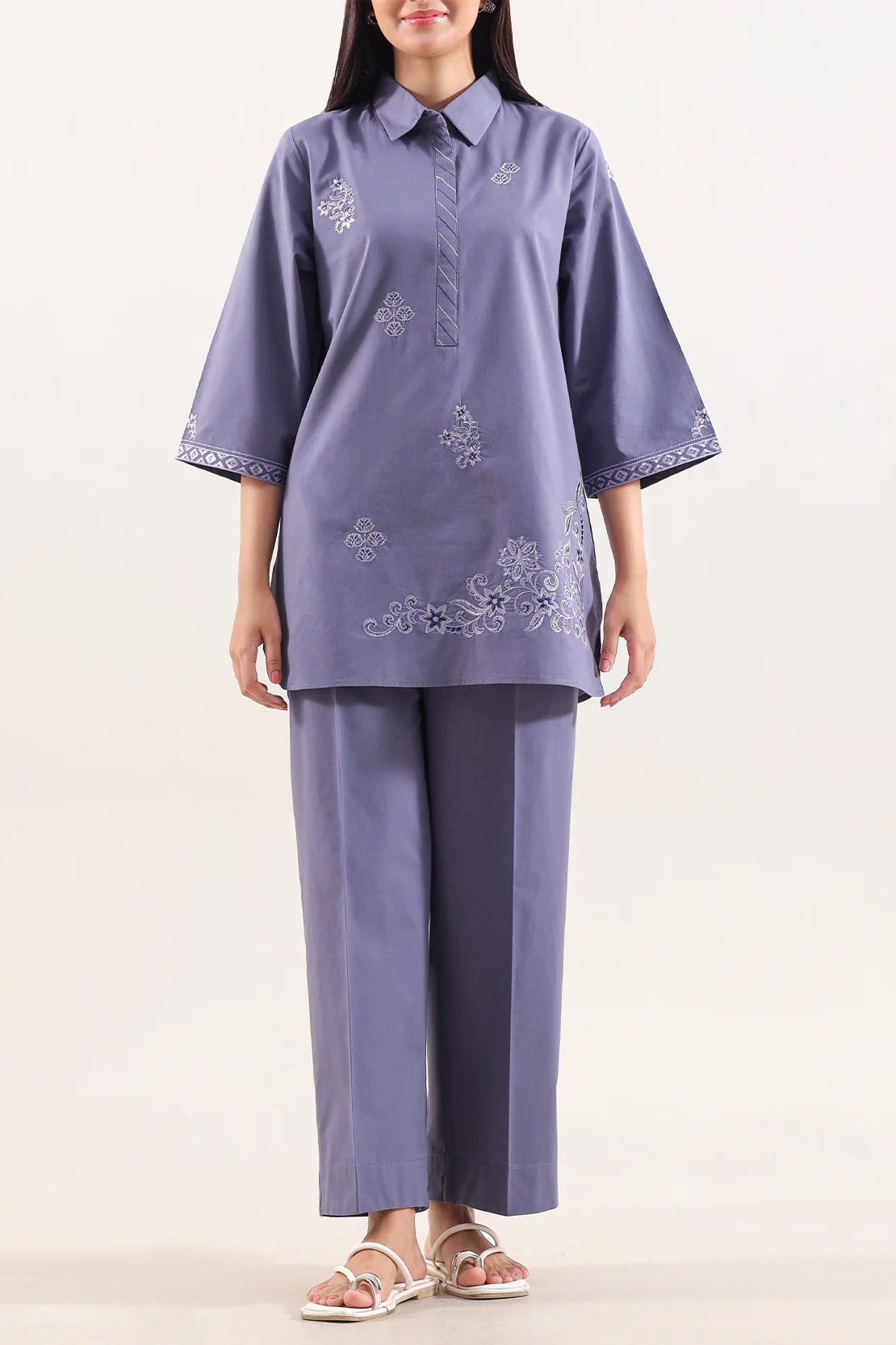 Solid Embroidered Poplin Stitched 2 piece (Shirt/Trouser)