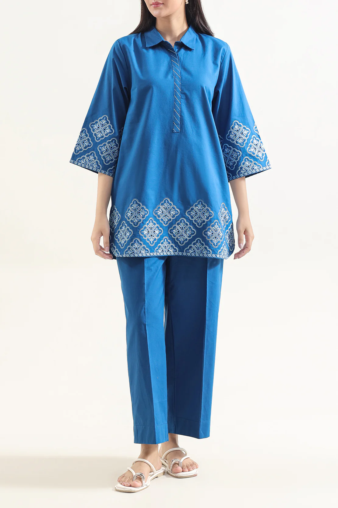 Solid Embroidered Poplin Stitched 2 piece (Shirt/Trouser)