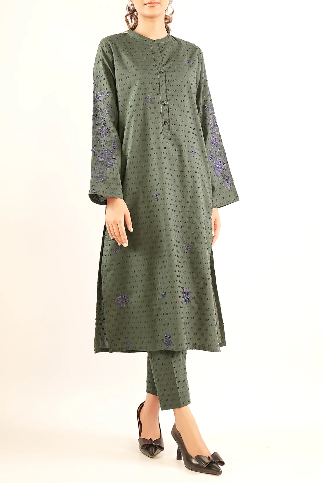 Solid Embroidered Reverse Jacquard Stitched 2 Piece (Shirt/Trouser) - Image 2