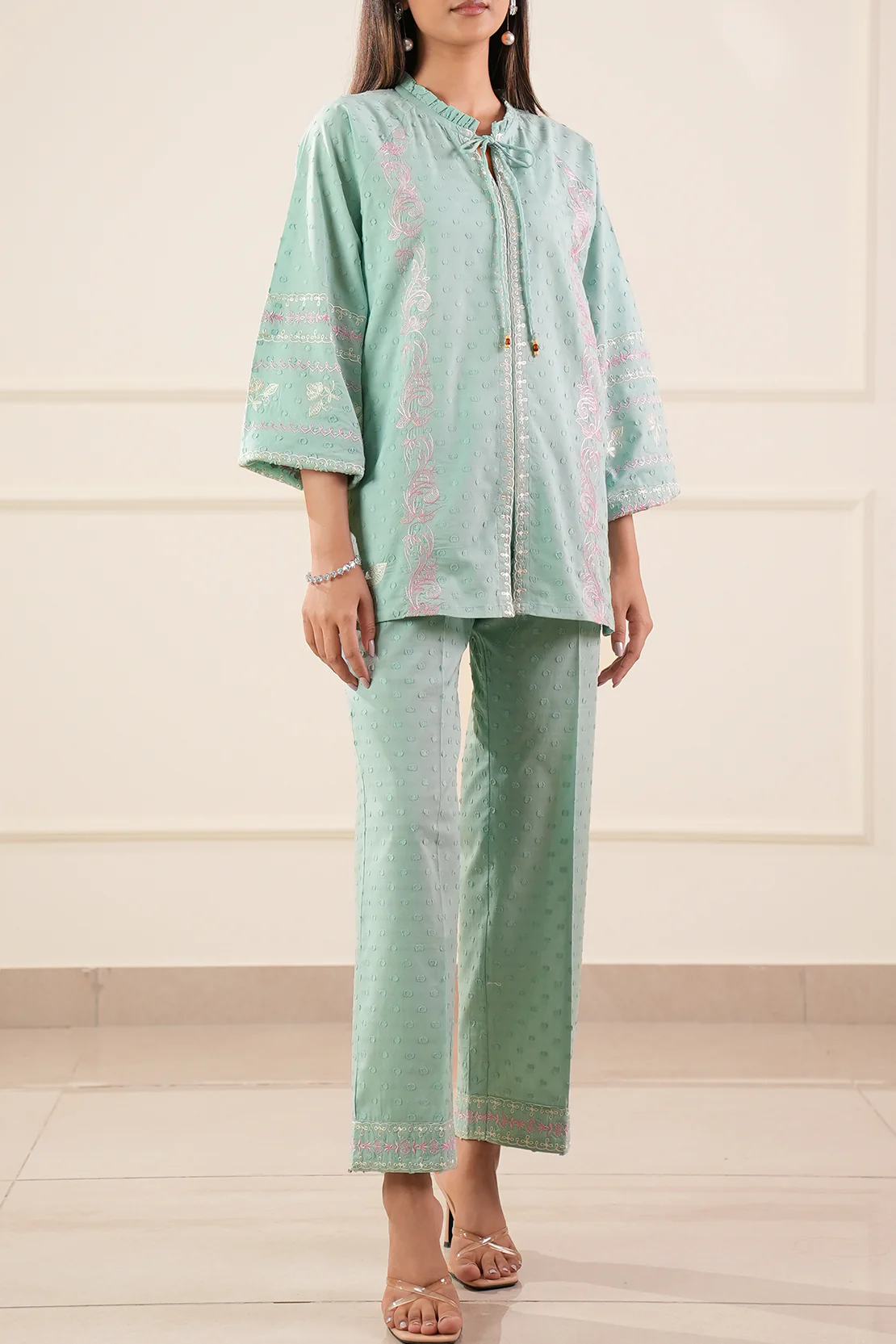 Solid+Embroidered Reverse Jacquard Stitched 2 Piece (Shirt/Trouser) - Image 3