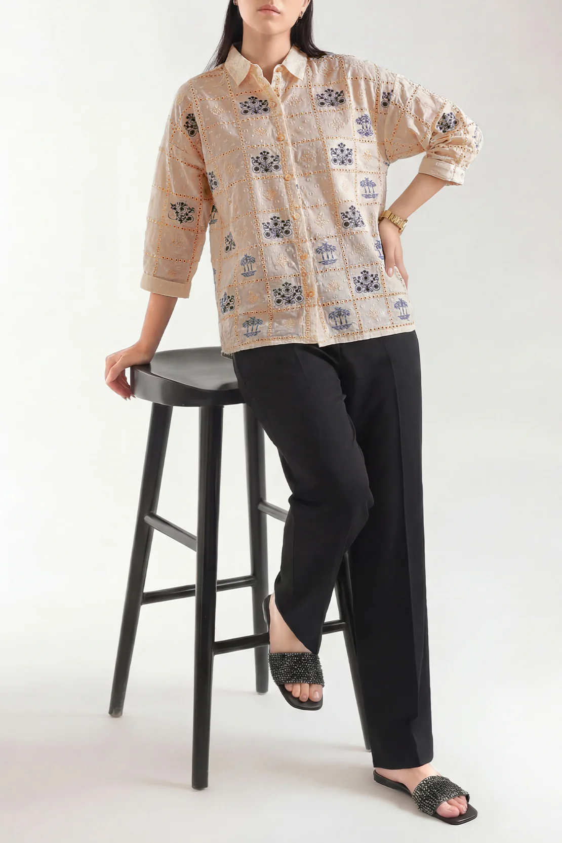 Solid Embroidered  Reverse Jacquard Stitched Shirt