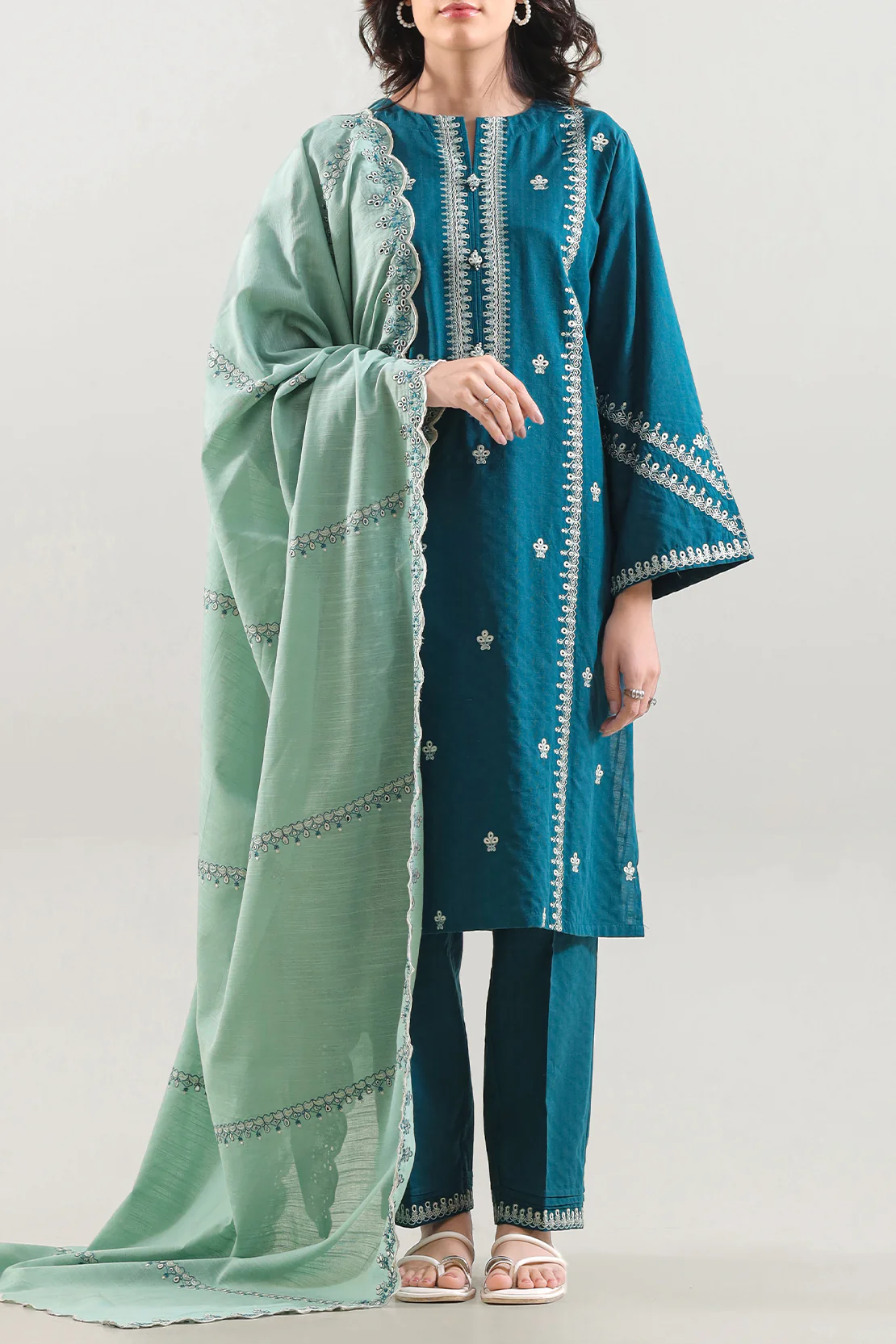 Solid Embroidered Slub Cotton Stitched 2 Piece (Shirt/Trouser)