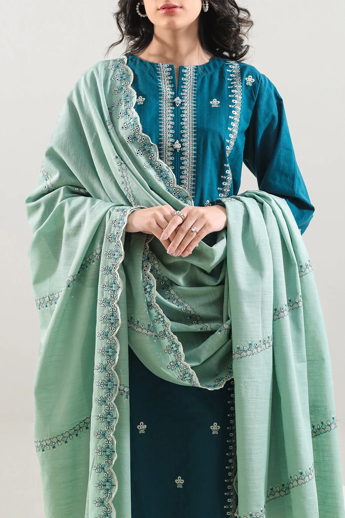 Solid Embroidered Slub Cotton Stitched 2 Piece (Shirt/Trouser) - Image 2
