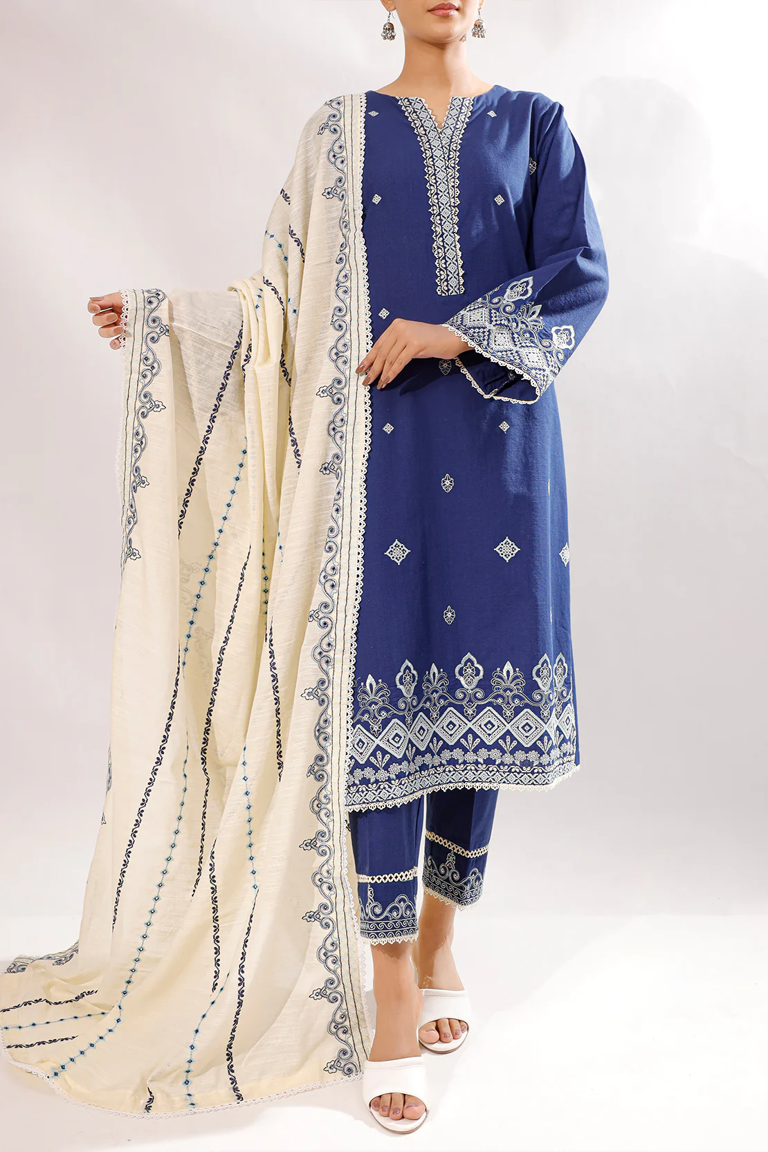 Solid Embroidered Slub Cotton Stitched 2 Piece (Shirt/Trouser) - Image 3