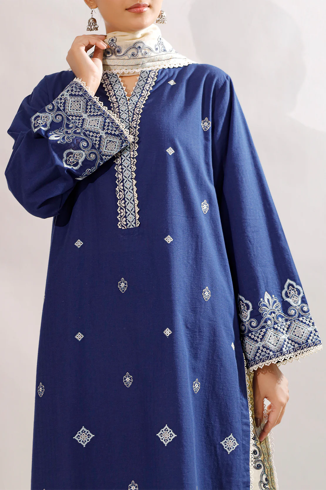 Solid Embroidered Slub Cotton Stitched 2 Piece (Shirt/Trouser) - Image 5